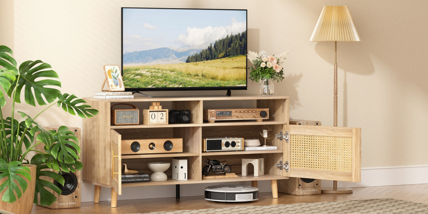 VOWNER TV Stand For 55" TV With Rattan Door, Television Stand With 2 Open Shelves & Adjustable Dividers, TV & Media Console Table, Entertainment Center For Living Room
