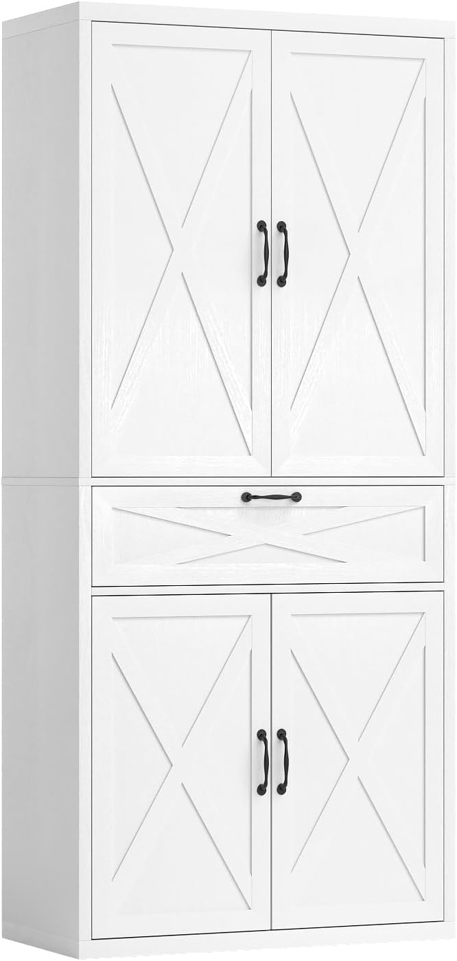 VOWNER Freestanding Kitchen Pantry, 71’’ Tall Storage Cabinet with Drawer and Adjustable Shelves, Pantry Cabinet with Barn Doors for Kitchen, Dinning Room, Living Room, White