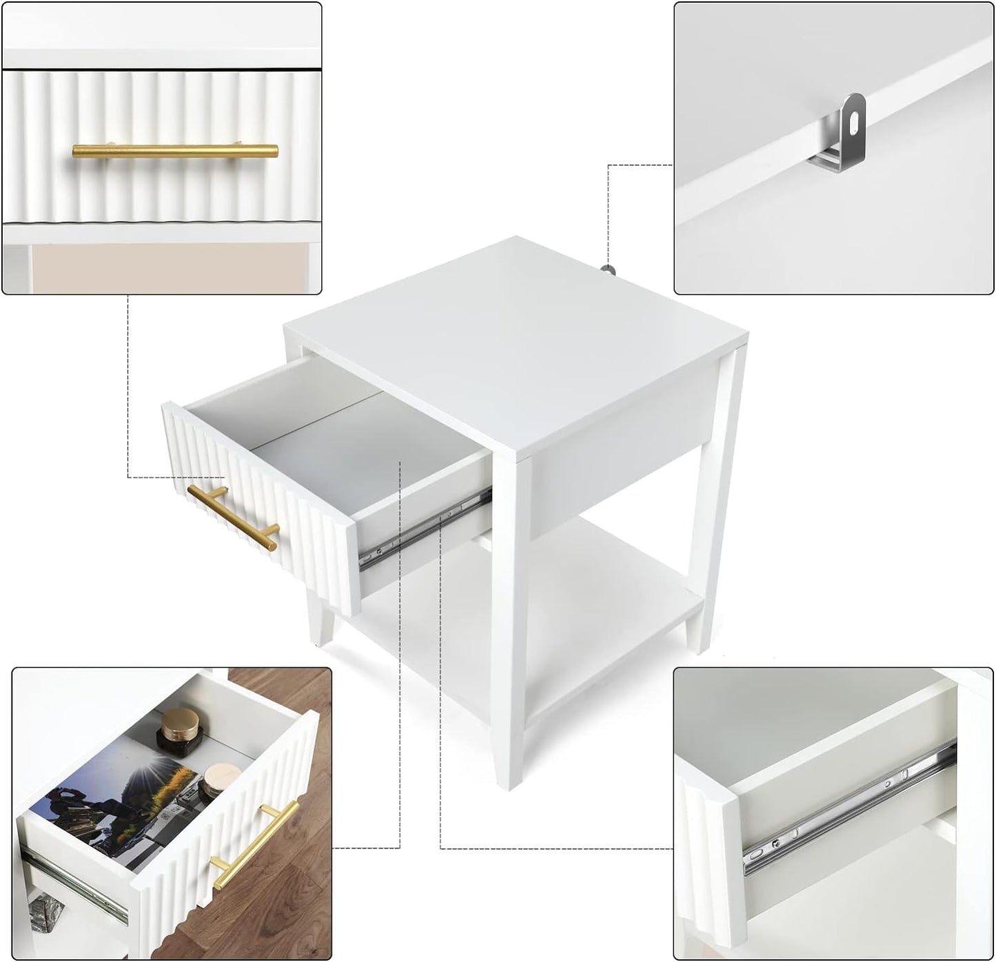 VOWNER White Nightstand with Drawer, Bedside Table with Storage Shelf, 2-Tier Side Table for Living Room Bedroom, Easy Assembly Modern Night Stand for Kids Room