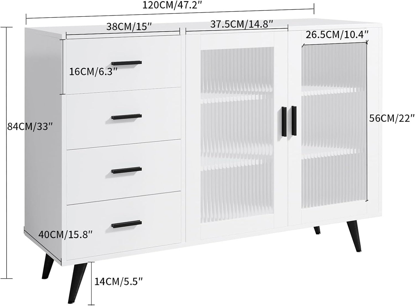 VOWNER Sideboard Buffet Cabinet, Storage Cabinet with 4 Drawers & 2 Tempered Glass Doors, Wine Bar Coffee Bar Cabinet with Adjustable Shelves, for Dinning Room, Living Room, Kitchen, Hallway