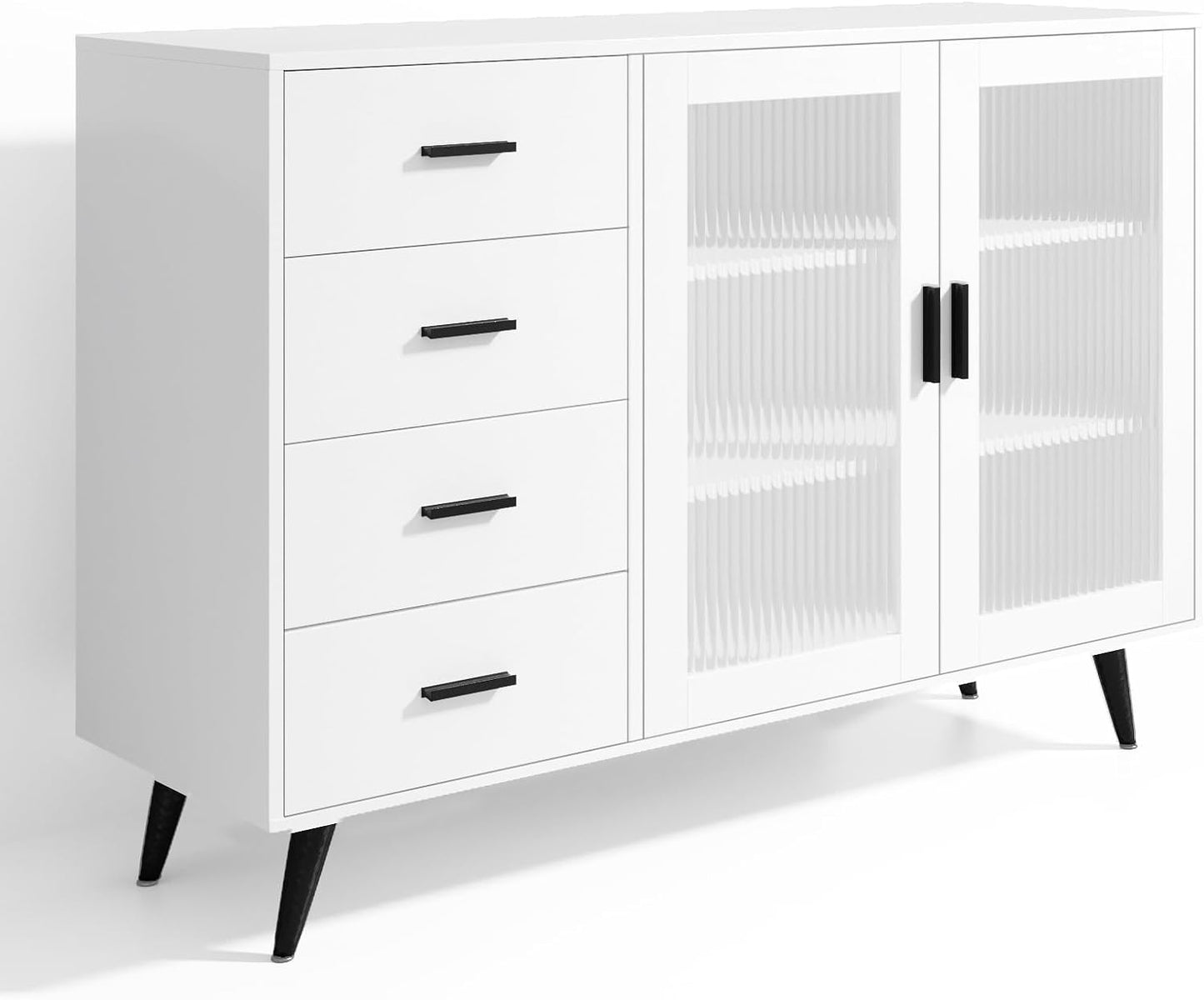 VOWNER Sideboard Buffet Cabinet, Storage Cabinet with 4 Drawers & 2 Tempered Glass Doors, Wine Bar Coffee Bar Cabinet with Adjustable Shelves, for Dinning Room, Living Room, Kitchen, Hallway