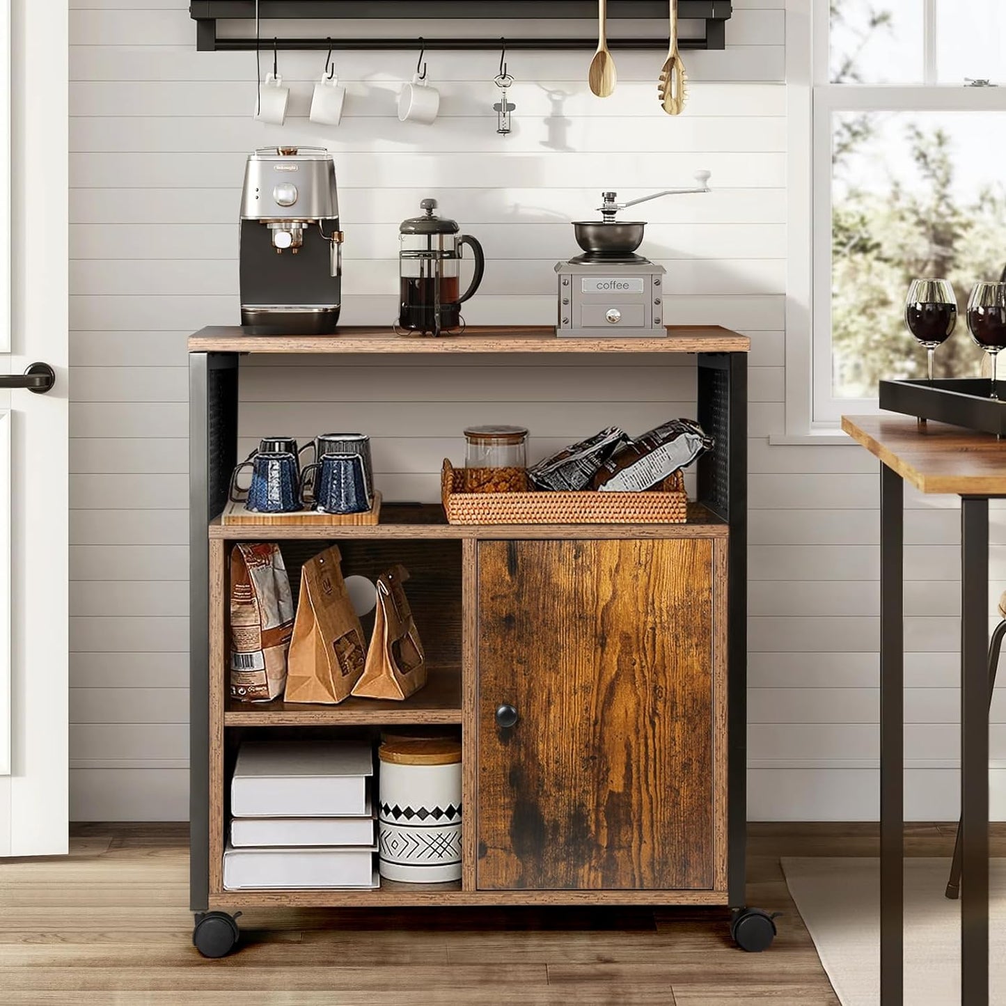 VOWNER Lateral File Cabinet, Office Filing Cabinets with Socket and USB Charging Port, Modern Rolling Printer Stand with Open Storage Shelves for A4, Letter Size and File Folders, Rustic Brown