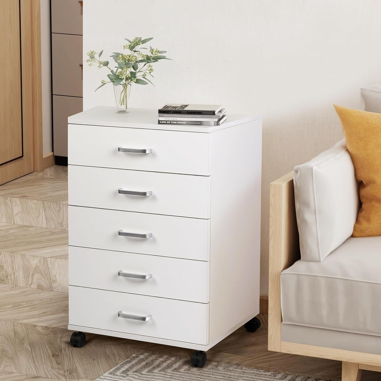 VOWNER 5-Drawer Chest with Metal Handles, Storage Drawer Cabinet with Wheels, for Home Office, White
