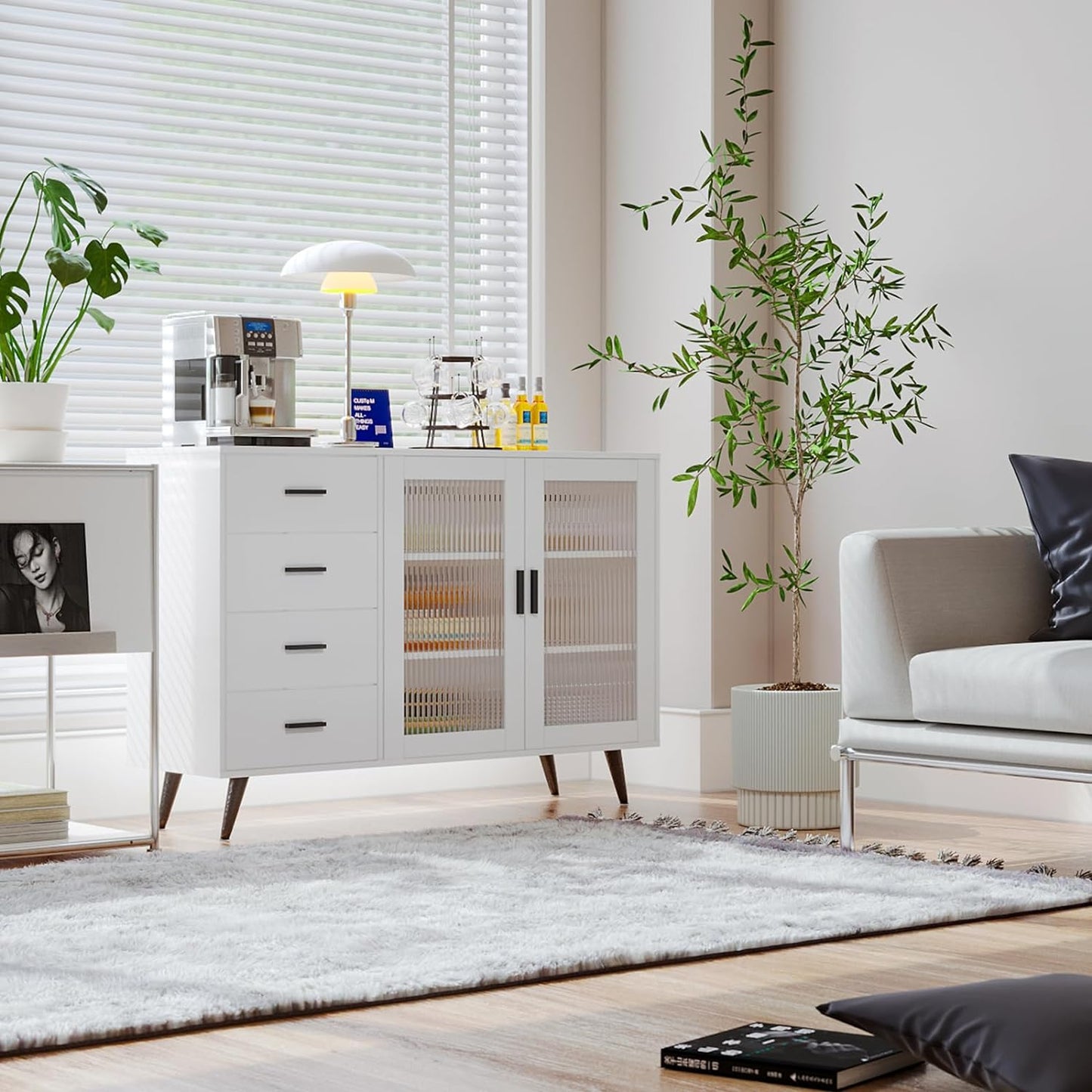 VOWNER Sideboard Buffet Cabinet, Storage Cabinet with 4 Drawers & 2 Tempered Glass Doors, Wine Bar Coffee Bar Cabinet with Adjustable Shelves, for Dinning Room, Living Room, Kitchen, Hallway