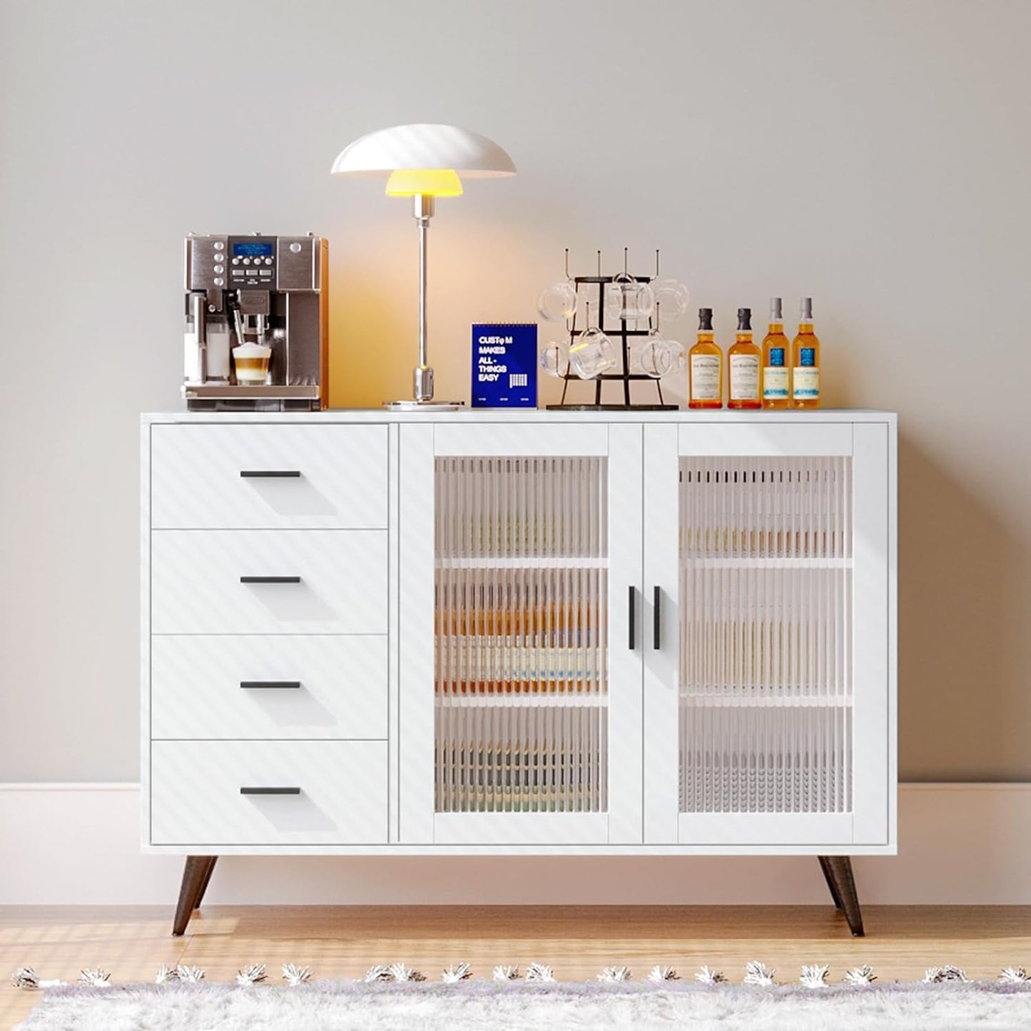VOWNER Sideboard Buffet Cabinet, Storage Cabinet with 4 Drawers & 2 Tempered Glass Doors, Wine Bar Coffee Bar Cabinet with Adjustable Shelves, for Dinning Room, Living Room, Kitchen, Hallway