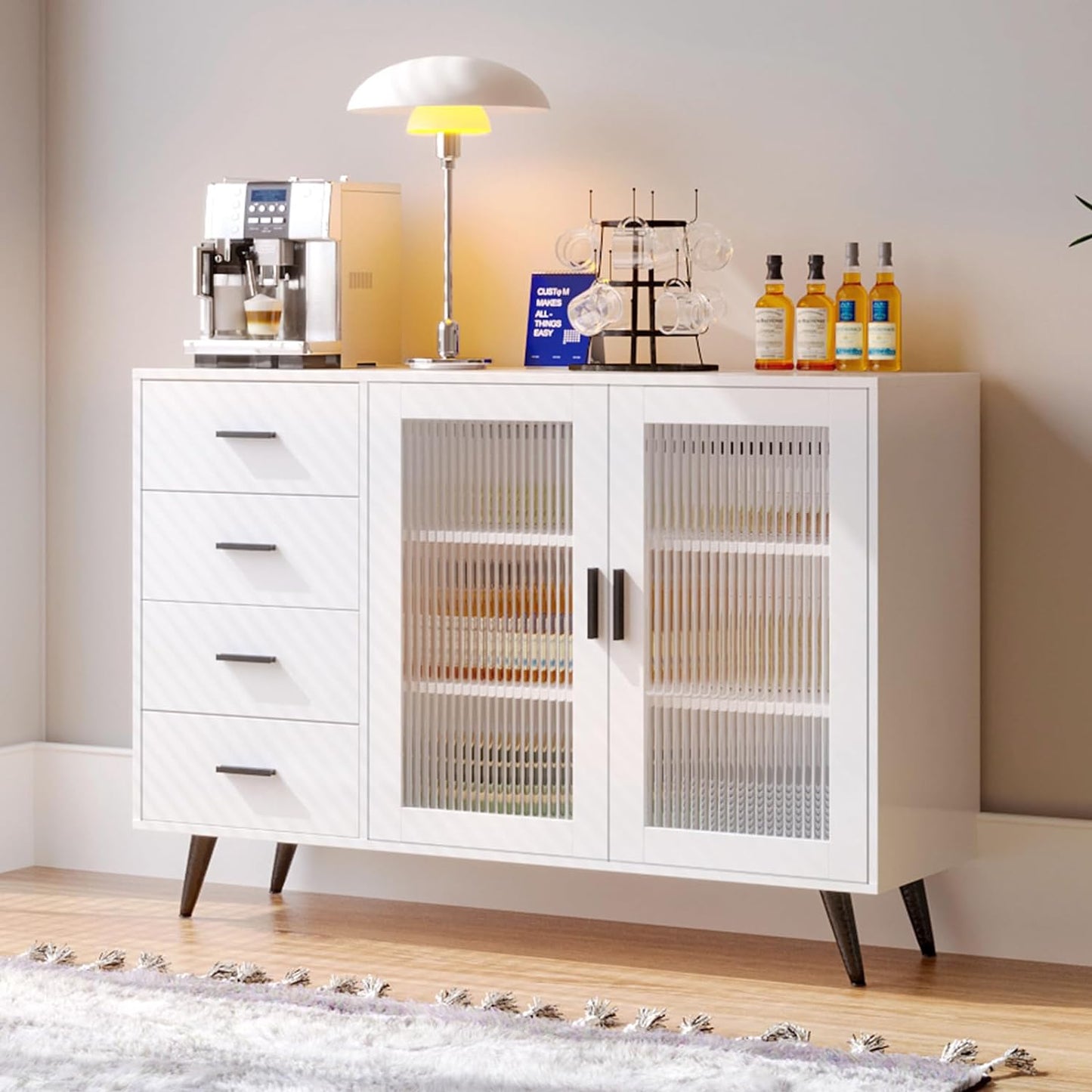 VOWNER Sideboard Buffet Cabinet, Storage Cabinet with 4 Drawers & 2 Tempered Glass Doors, Wine Bar Coffee Bar Cabinet with Adjustable Shelves, for Dinning Room, Living Room, Kitchen, Hallway