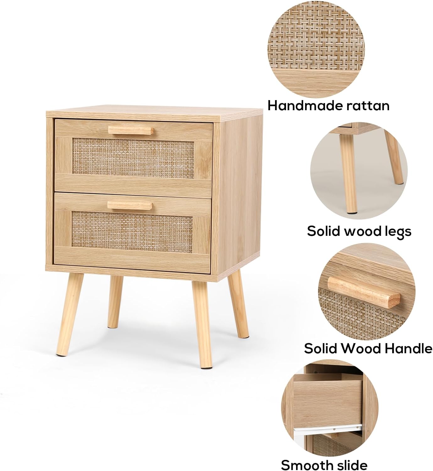 VOWNER 2PCS Rattan Nightstand, End Table with 2 Drawers and Solid Wood Legs, Side Table with Storage for Bedroom, Easy Assembly Night Stand for Kids Room
