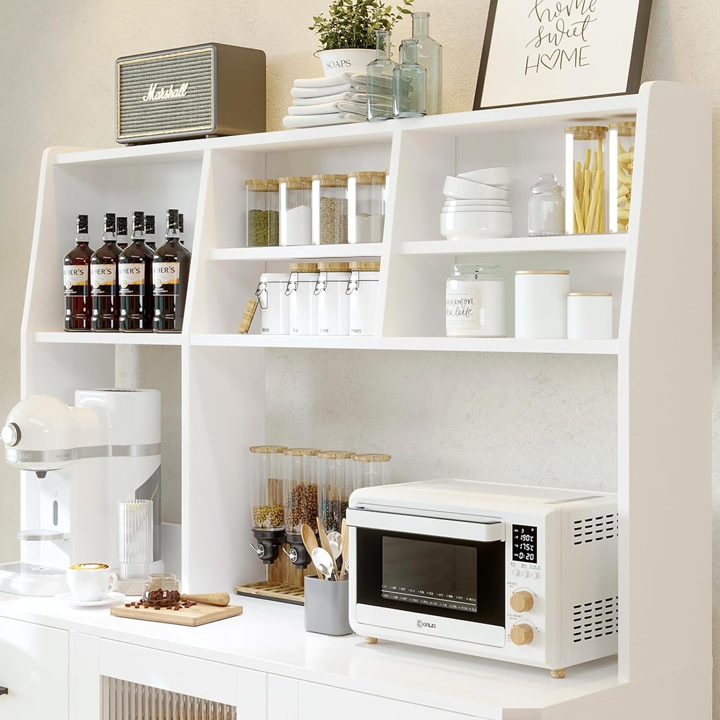 VOWNER Kitchen Hutch Storage Cabinet, Freestanding Kitchen Pantry with Glass Doors and 3 Drawers, Modern Sideboard Buffet Cabinet for Dinning Room, Living Room, Black (White)