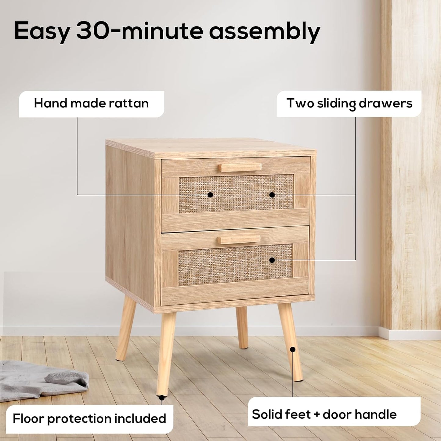 VOWNER 2PCS Rattan Nightstand, End Table with 2 Drawers and Solid Wood Legs, Side Table with Storage for Bedroom, Easy Assembly Night Stand for Kids Room
