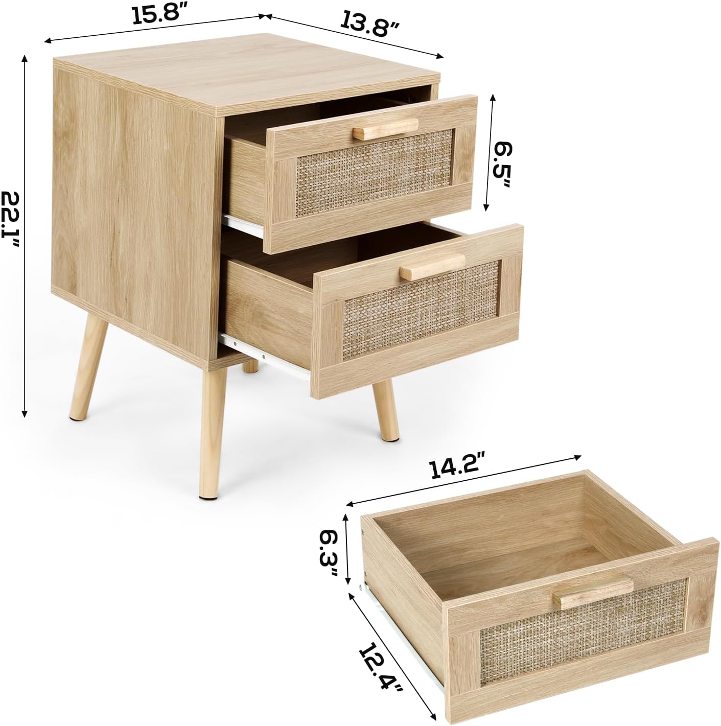 VOWNER 2PCS Rattan Nightstand, End Table with 2 Drawers and Solid Wood Legs, Side Table with Storage for Bedroom, Easy Assembly Night Stand for Kids Room