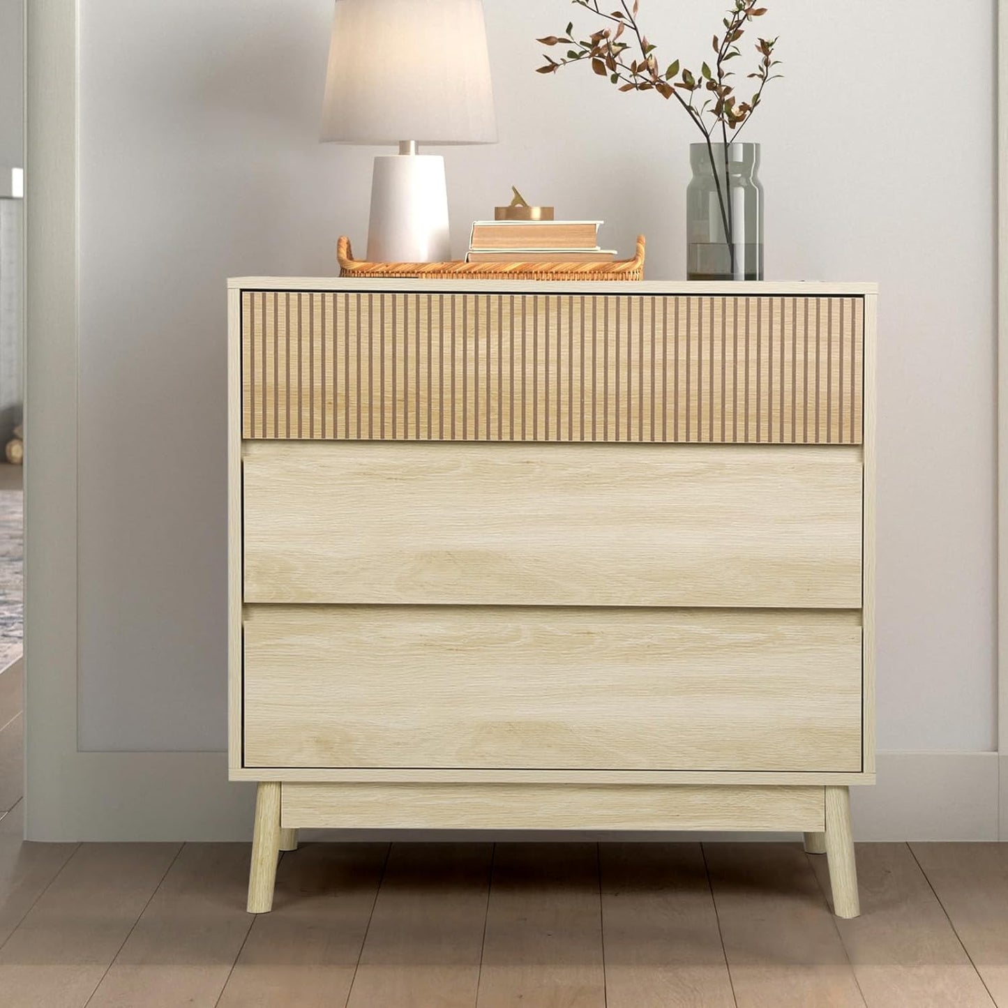 VOWNER 3-Drawer Dresser, Farmhouse Wood Storage Chest of Drawers, Modern Closet Dressers with Wide Drawers, Bedroom, Living Room (Natural Oak)