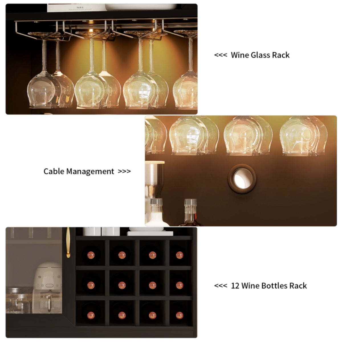 VOWNER 71" Modern Wine Pantry Cabinet, Freestanding Kitchen Pantry Hutch With Wine Glass Rack & 12 Wine Bottle Rack, Storage Cupboard With Removeable Shelves & 3 Color Magnetic Light Unit, Coffee & Wine Bar Cabinet For Living Room, Dining Room