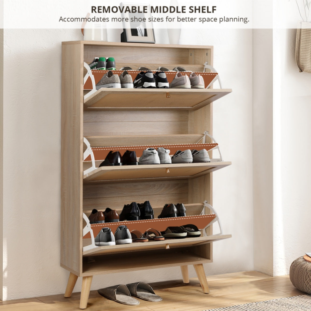 VOWNER 49.8" Rattan Shoe Cabinet With 3 Flip Drawers, Shoe Organizer Cabinet With Spacious Top Surface, Freestanding shoe cabinet For Entrance, Living room, Bedroom