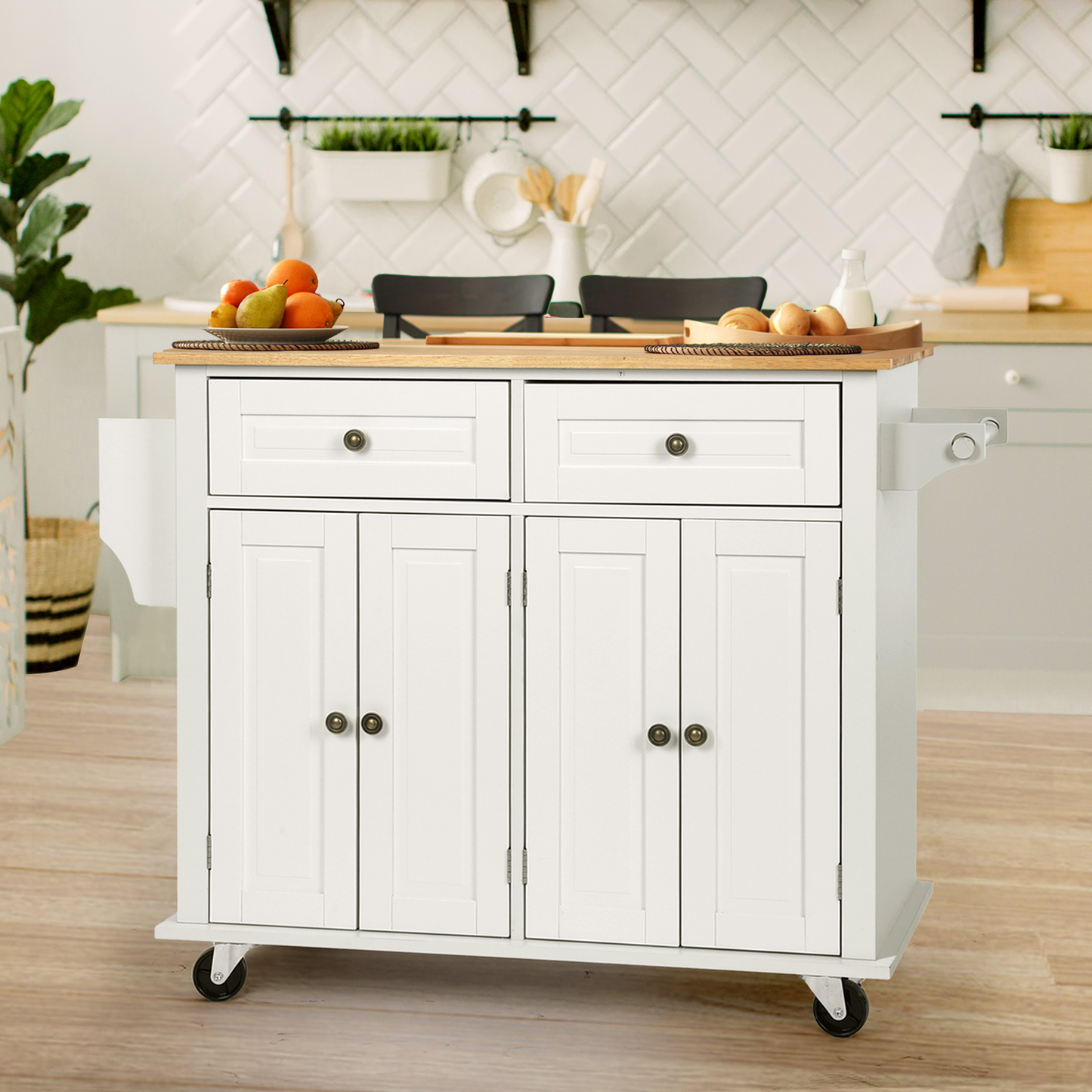 VOWNER 43" Kitchen Island Cart on Wheels, 2 Drawers Storage Cabinet Kitchen Cart with Rubberwood Countertop, Rolling Kitchen Island Table with Lockable Casters, White