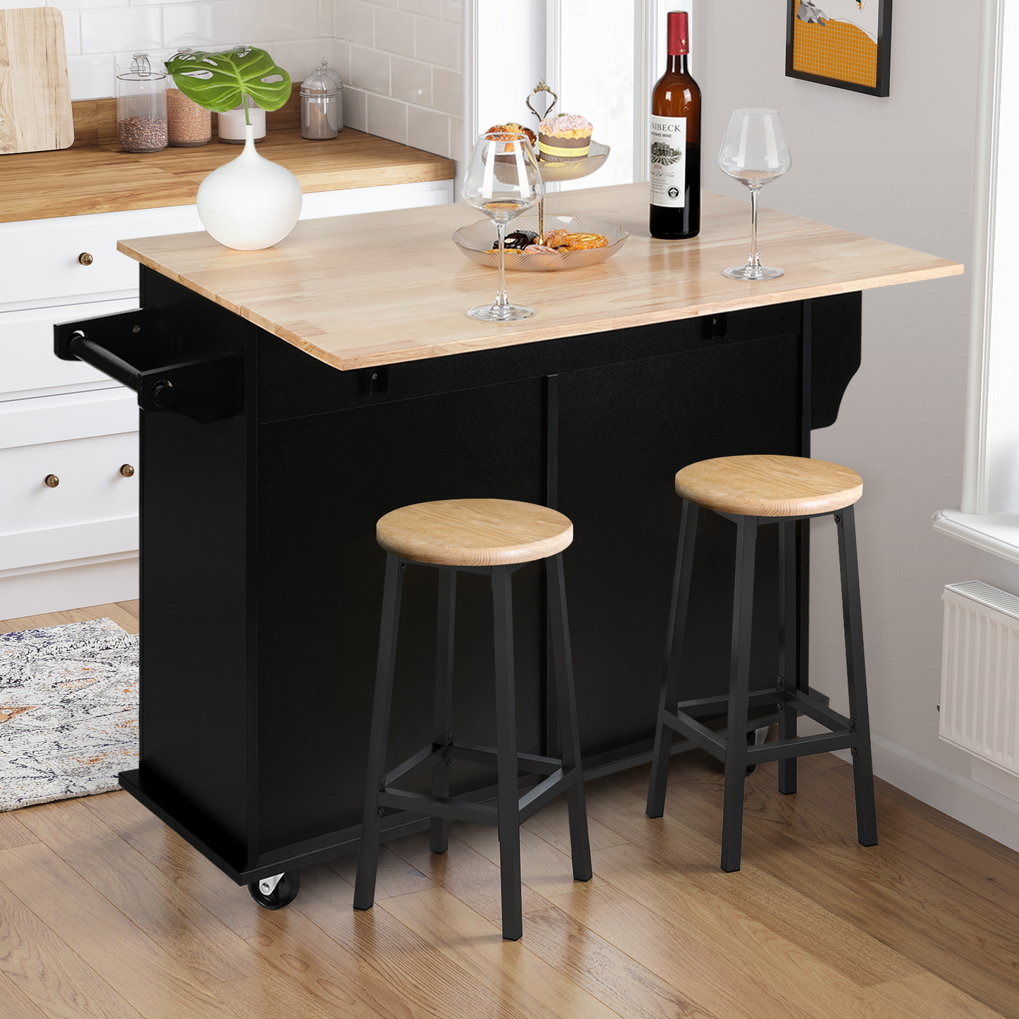 VOWNER 43" Kitchen Island with Drop Leaf, Island Table Kitchen with Storage, Solid Wood Countertop Rolling Kitchen Cart for Kitchen, Living Room, Black