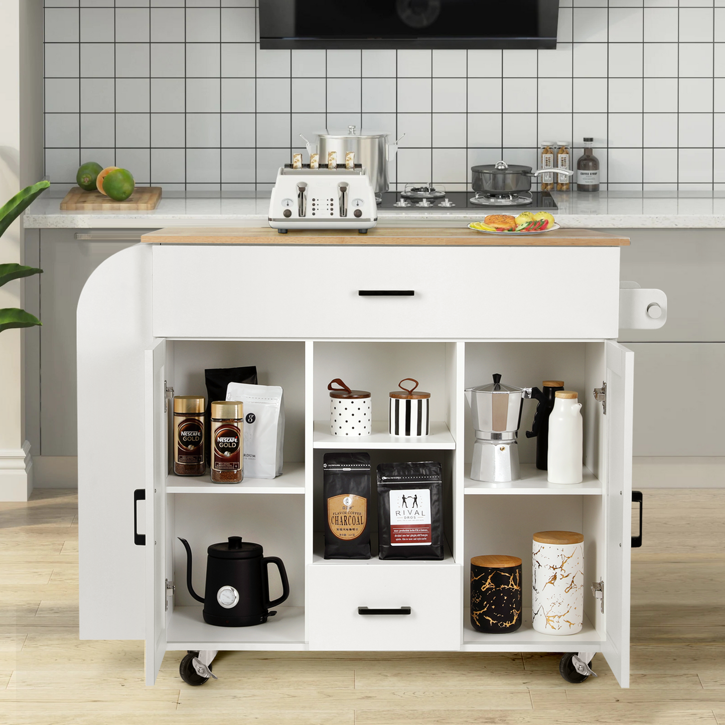 VOWNER Kitchen Island with Drop Leaf, Island Table Kitchen with Storage, Solid Wood Countertop Rolling Kitchen Cart, Open Shelves, 2 Drawers & 2 Cabinets, for Kitchen Dinning Room, White