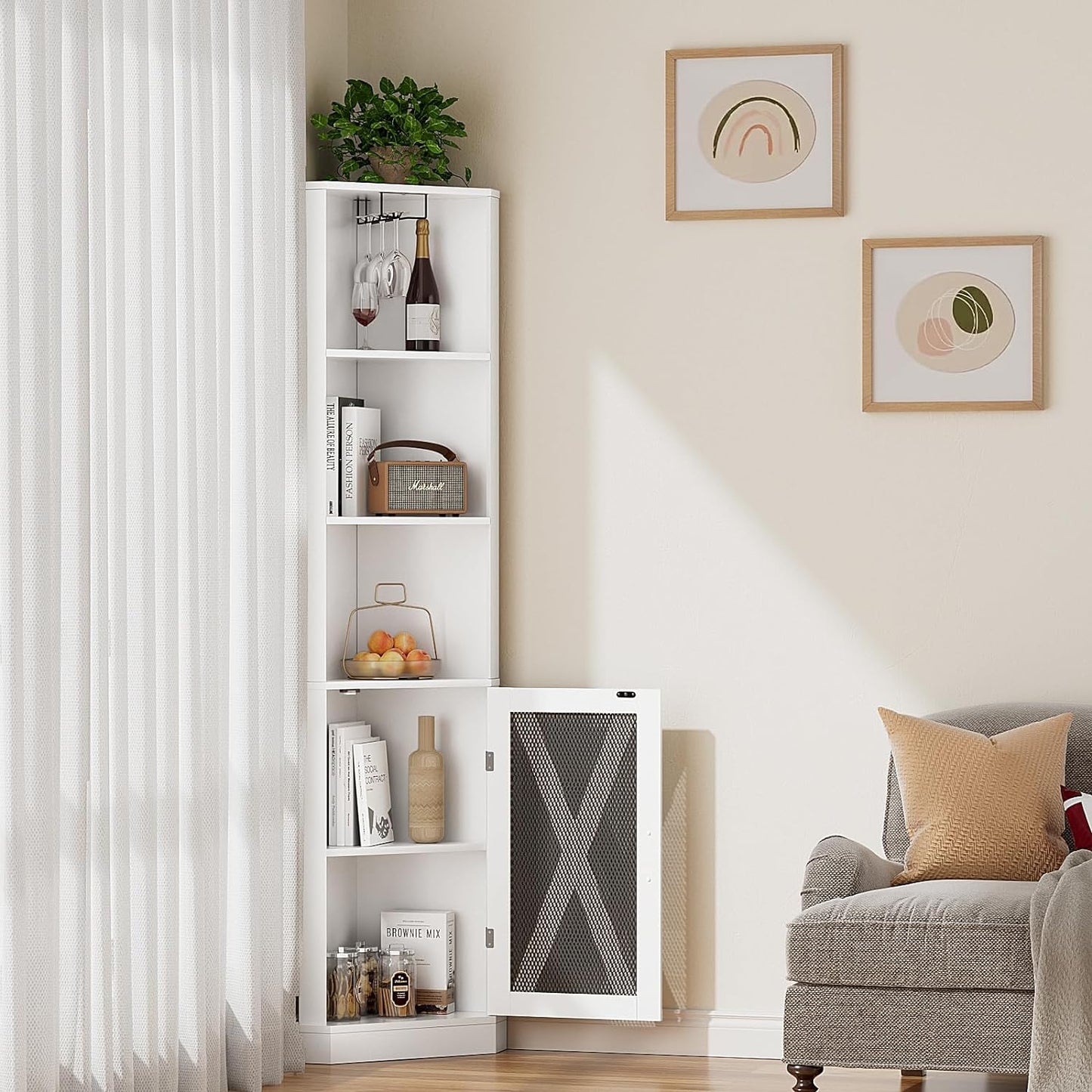 VOWNER 71'' Tall Corner Storage Cabinet, Corner Bar Cabinet with Glass Holder, Wine Cabinet with Mesh Door and Adjustable Shelf, Home Bar for Liquor and Wine Storage, White