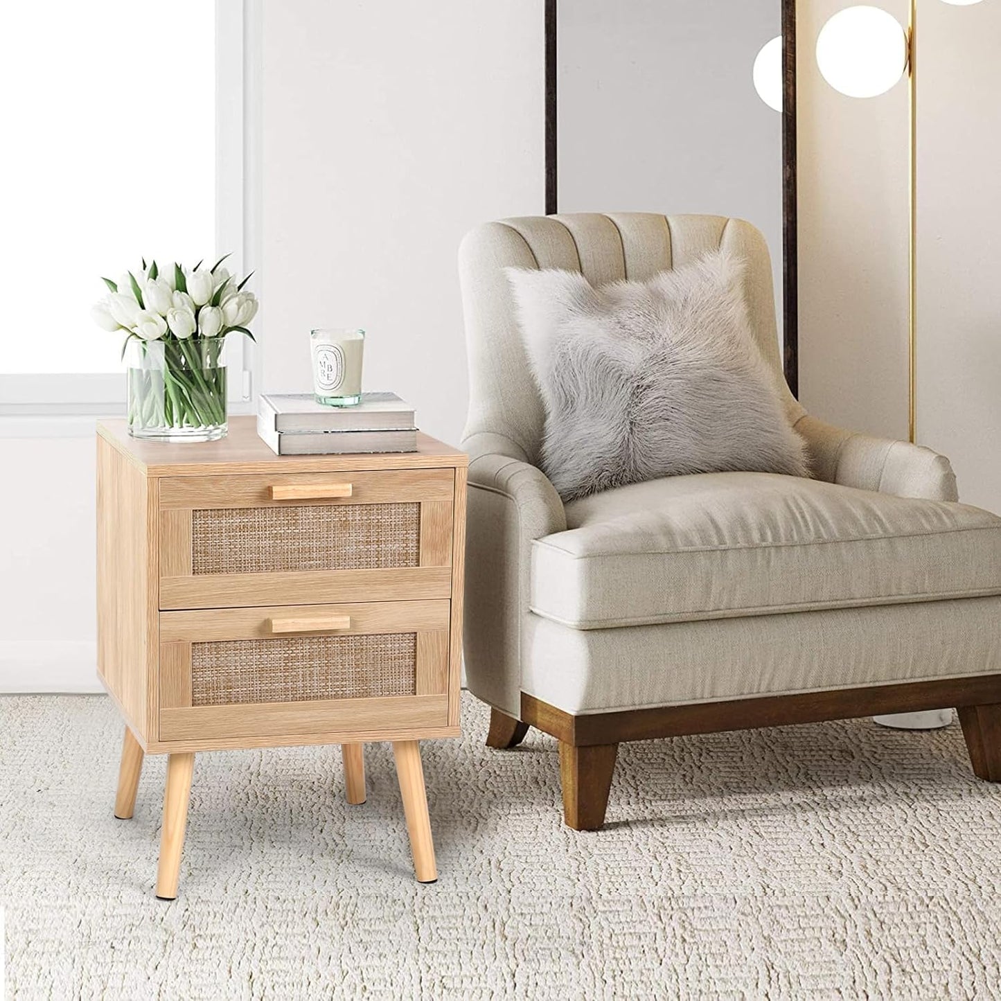 VOWNER 2PCS Rattan Nightstand, End Table with 2 Drawers and Solid Wood Legs, Side Table with Storage for Bedroom, Easy Assembly Night Stand for Kids Room