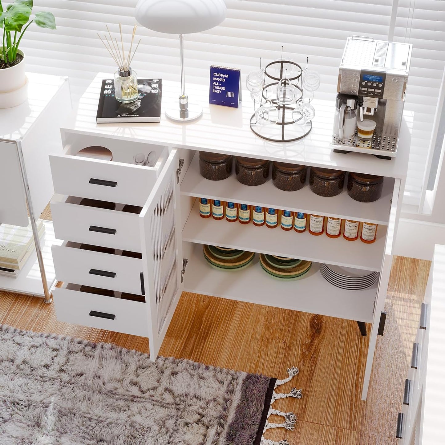 VOWNER Sideboard Buffet Cabinet, Storage Cabinet with 4 Drawers & 2 Tempered Glass Doors, Wine Bar Coffee Bar Cabinet with Adjustable Shelves, for Dinning Room, Living Room, Kitchen, Hallway
