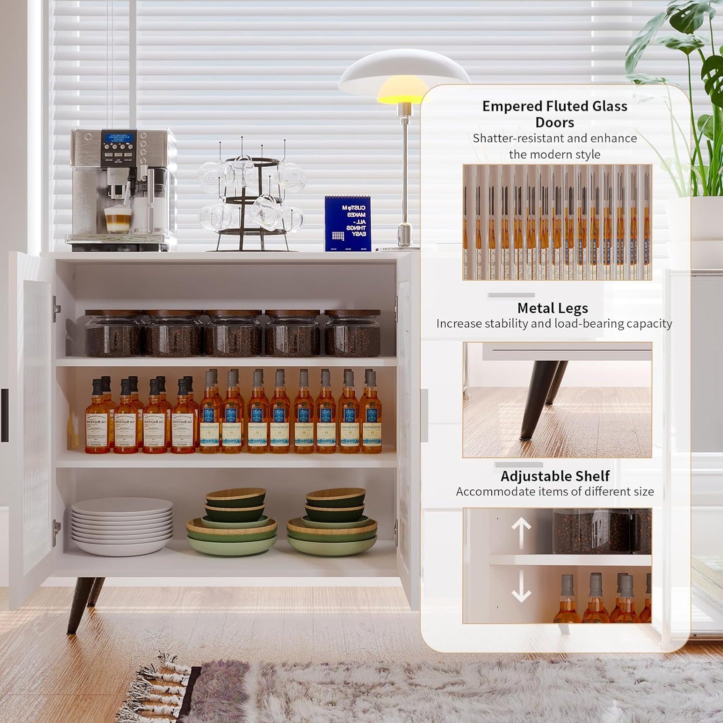 VOWNER Sideboard Buffet Cabinet, Storage Cabinet with 4 Drawers & 2 Tempered Glass Doors, Wine Bar Coffee Bar Cabinet with Adjustable Shelves, for Dinning Room, Living Room, Kitchen, Hallway