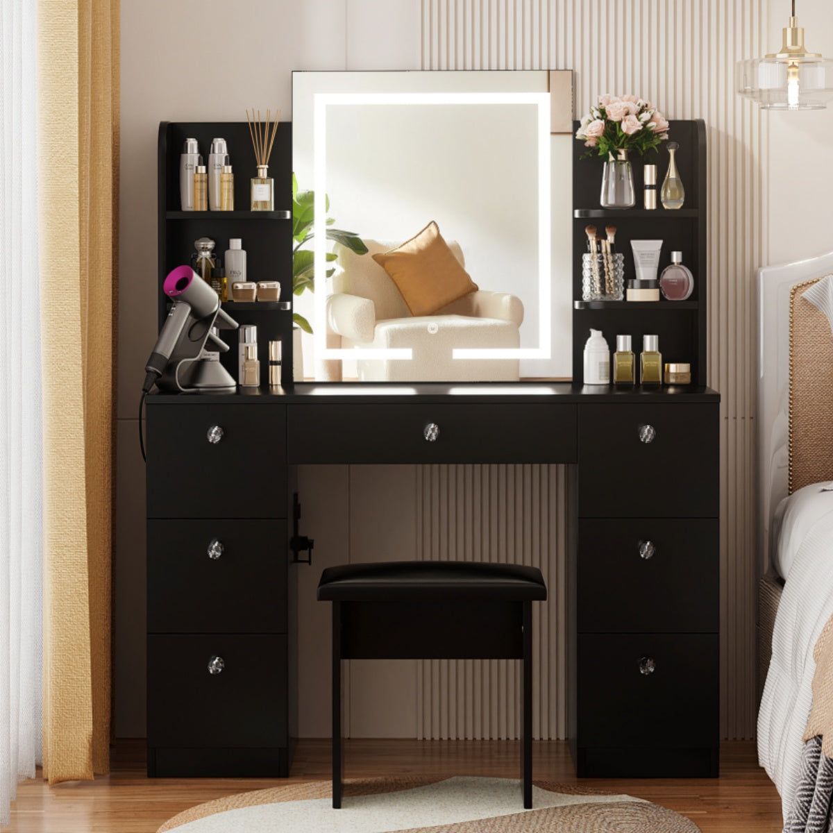 VOWNER 43" Vanity Desk With LED Lighted Mirror And Power Outlet, Makeup Vanity Table With Stool, 7 Drawers & 6 Shelves, 3 Color Light & Adjustable Brightness, For Girls Women