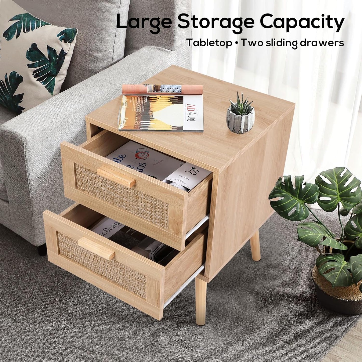 VOWNER 2PCS Rattan Nightstand, End Table with 2 Drawers and Solid Wood Legs, Side Table with Storage for Bedroom, Easy Assembly Night Stand for Kids Room