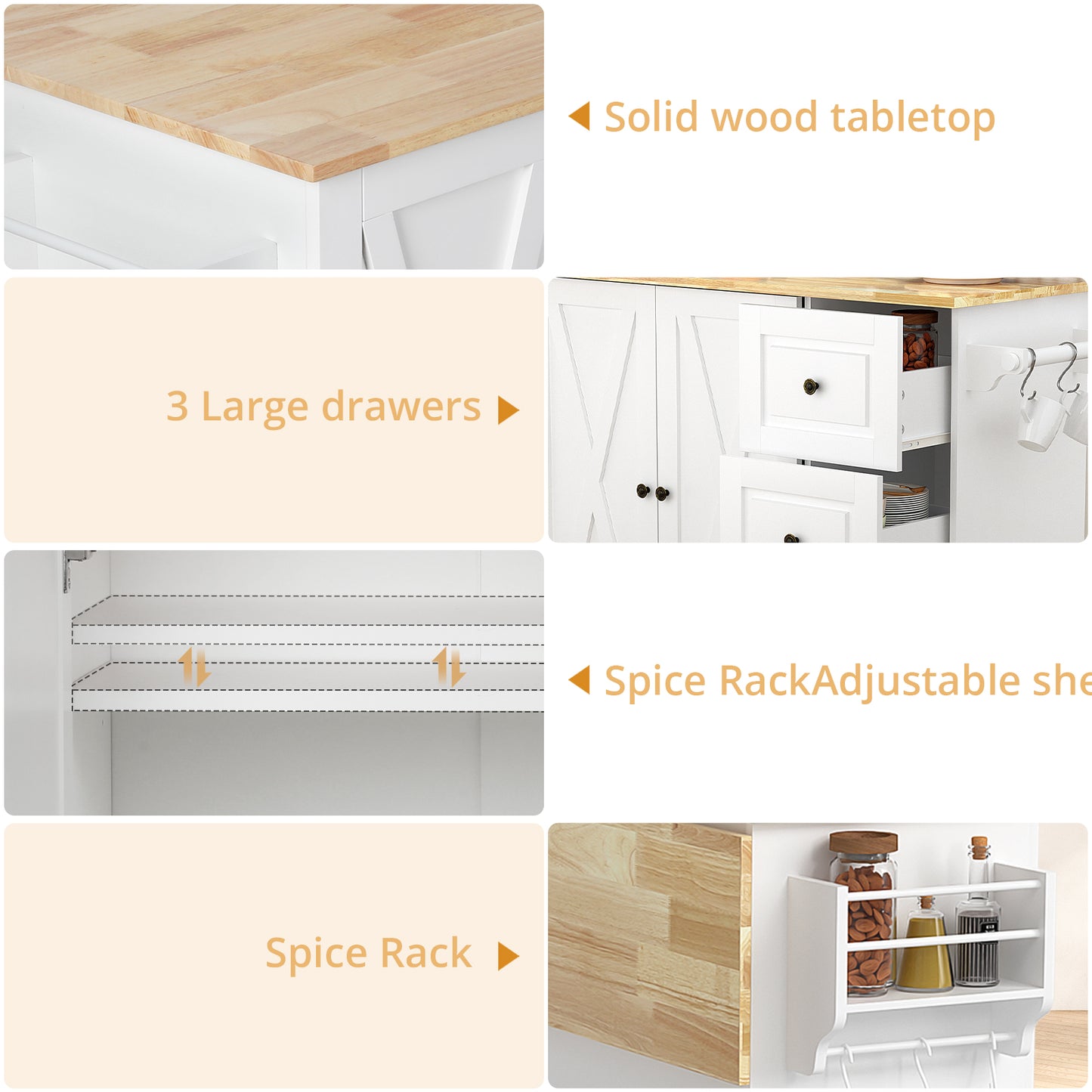 VOWNER Kitchen Island Cart with Solid Wood Top, 51.2" Width Mobile Carts with Storage Cabinet, Rolling Table with Spice Rack, Towel Rack, Drop Leaf and Drawer, Portable Islands on Wheels, White