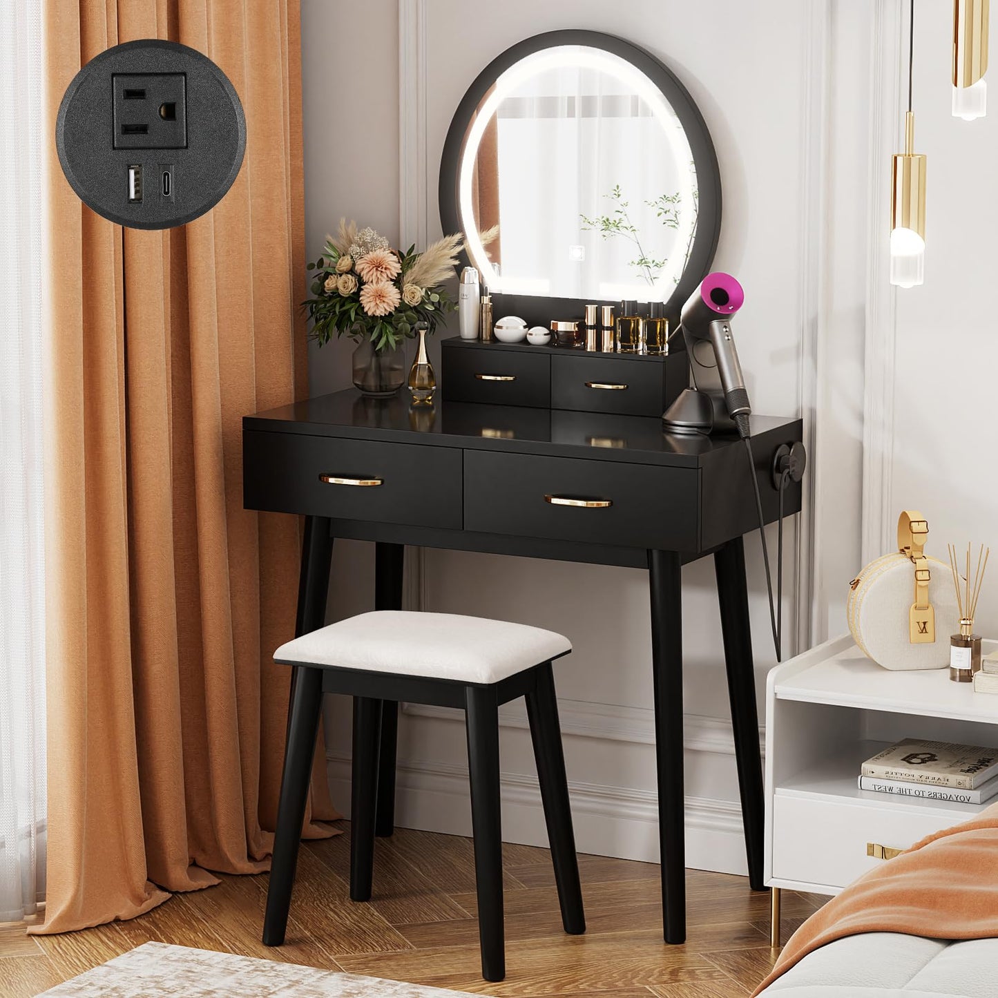 Vanity Desk with Outlet, VOWNER Makeup Vanity Table With LED Lighted Mirror, 3 Color & Brightness Adjustable, Soft Cushioned Stool, For Bedroom
