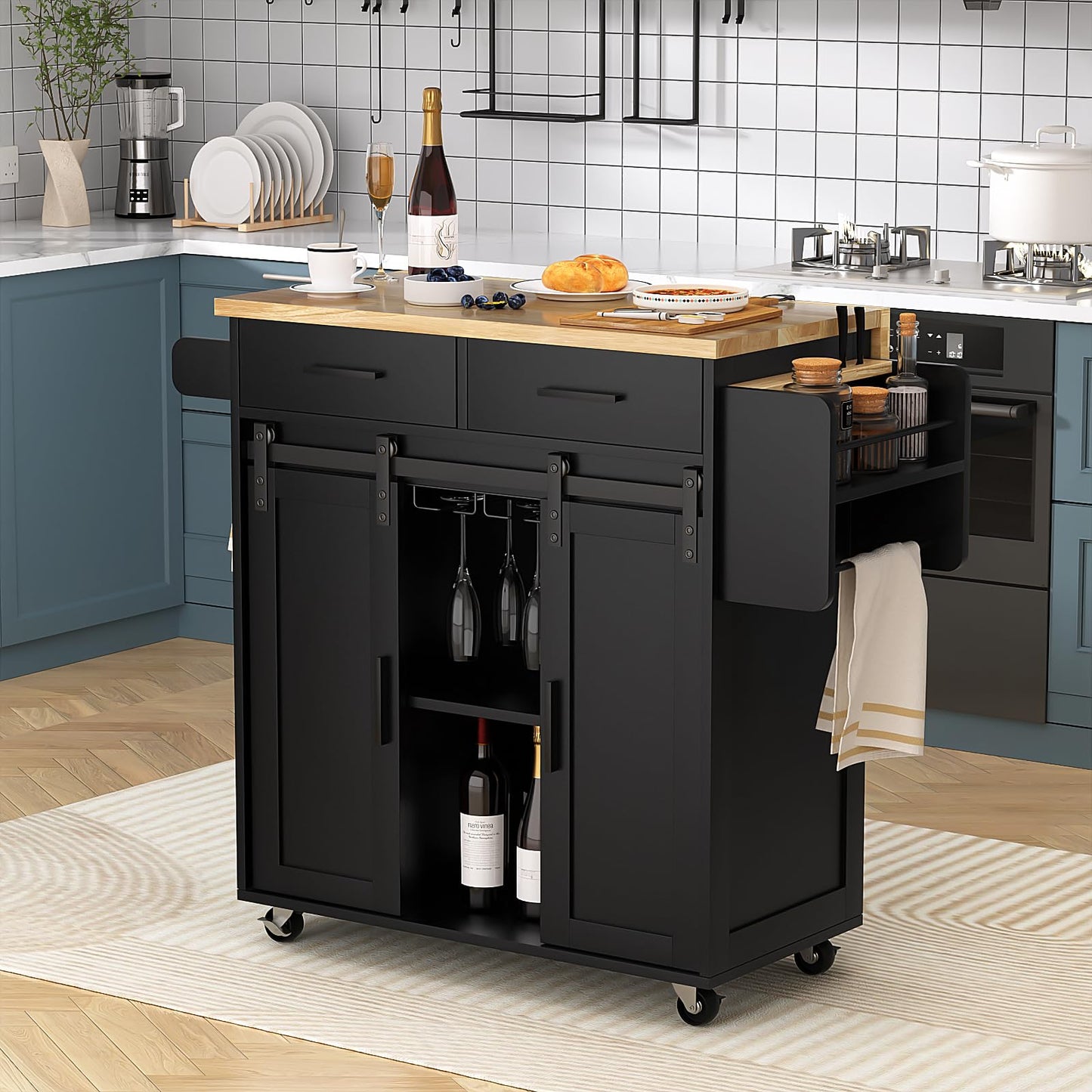 Mobile Kitchen Island Cart With Sliding Barn Door, VOWNER Rolling Mobile Kitchen With Storage Cabinet, Towel Rack, Spice Rack and Cup Holders, For Kitchen Room, Dining Room