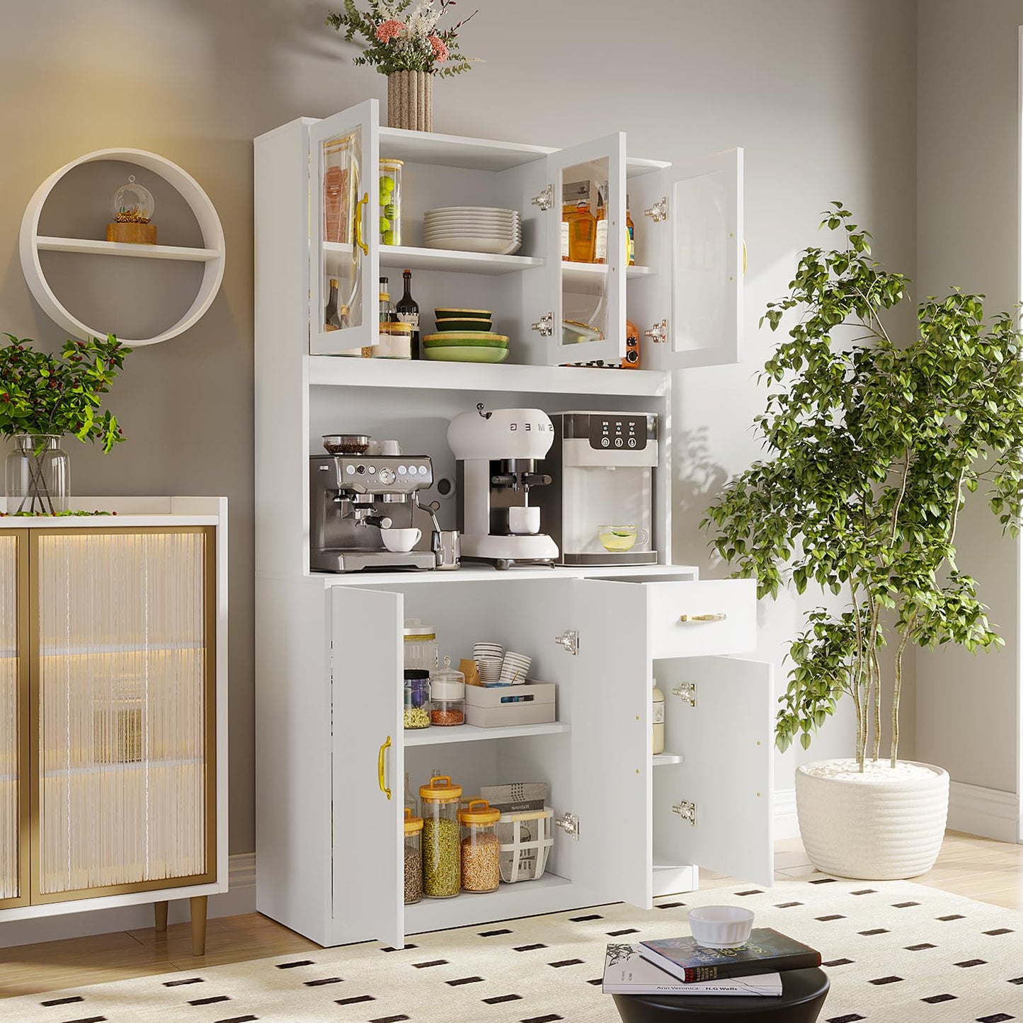 71''Kitchen Pantry Storage, VOWNER Free Kitchen Cabinet With Drawers, Cupboard And 6 Doors, For Kitchen, Living Room And Dining Room