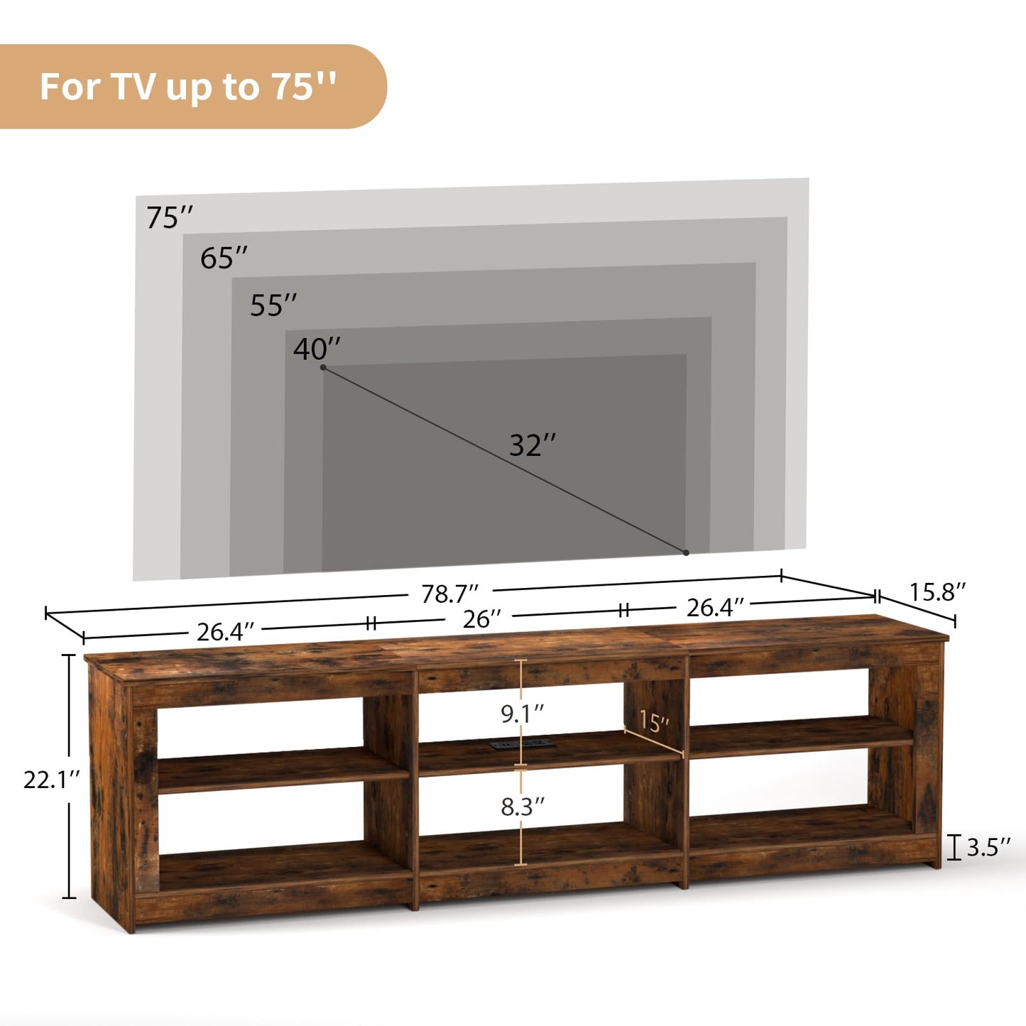 TV Stand With Outlet, VOWNER Rustic Brown TV Console Table For 75'' TV, 6 Open Shelves & Media Cabinet, For Living Room