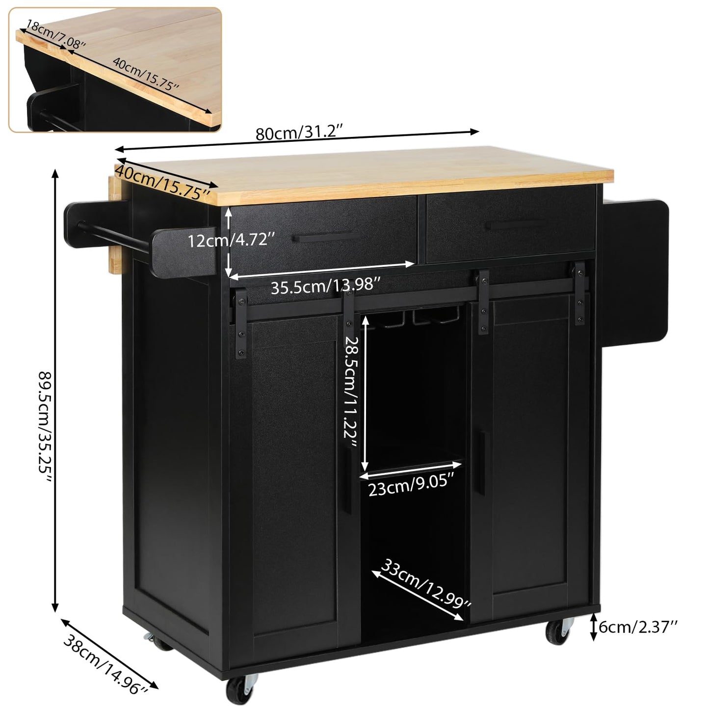 Mobile Kitchen Island Cart With Sliding Barn Door, VOWNER Rolling Mobile Kitchen With Storage Cabinet, Towel Rack, Spice Rack and Cup Holders, For Kitchen Room, Dining Room
