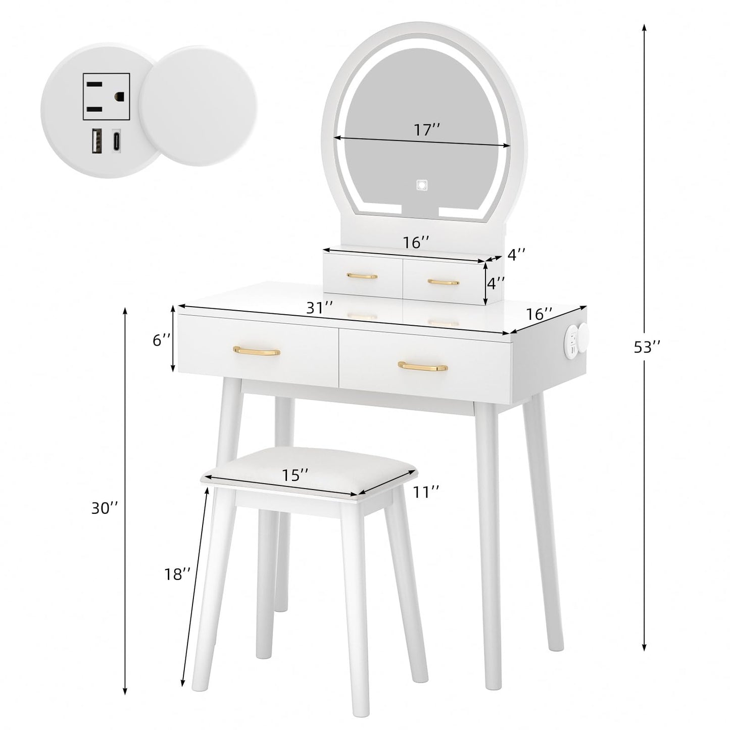 Vanity Desk with Outlet, VOWNER Makeup Vanity Table With LED Lighted Mirror, 3 Color & Brightness Adjustable, Soft Cushioned Stool, For Bedroom