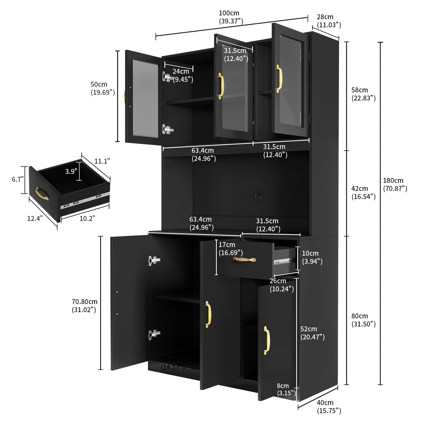 71''Kitchen Pantry Storage, VOWNER Free Kitchen Cabinet With Drawers, Cupboard And 6 Doors, For Kitchen, Living Room And Dining Room