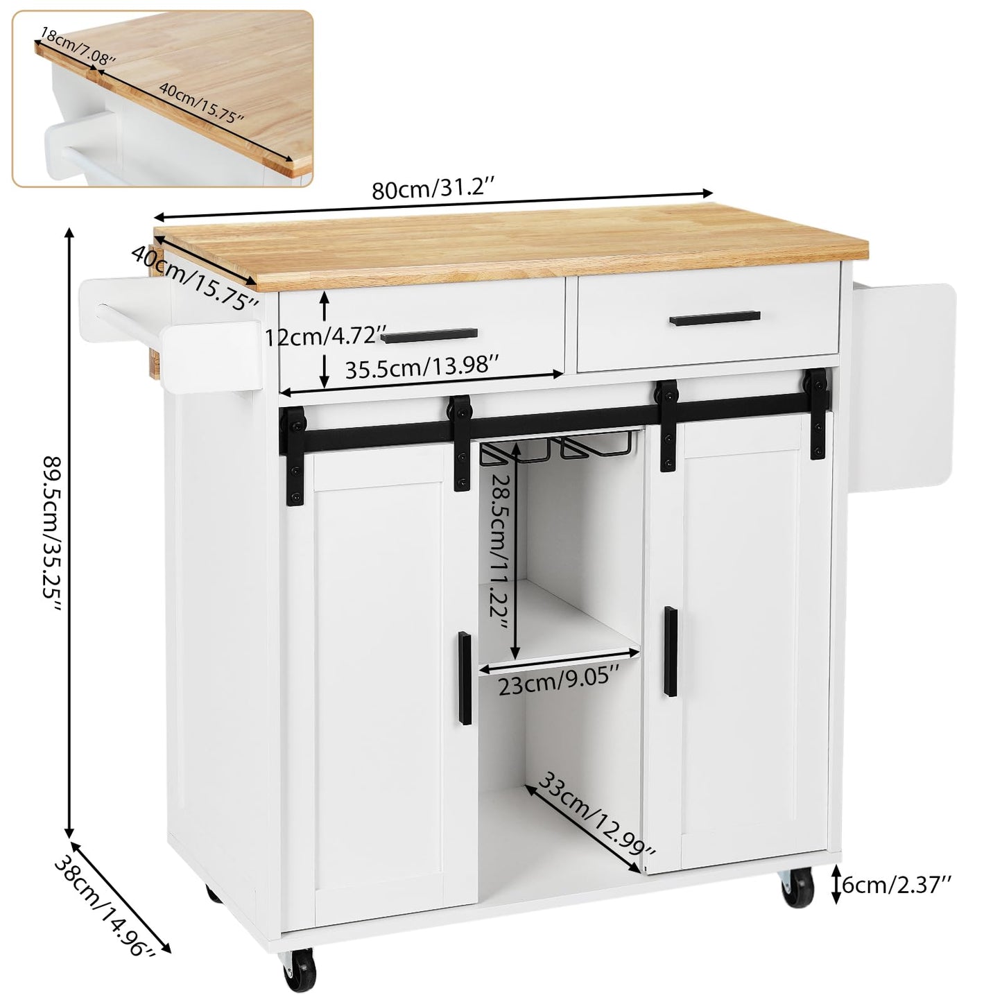 Mobile Kitchen Island Cart With Sliding Barn Door, VOWNER Rolling Mobile Kitchen With Storage Cabinet, Towel Rack, Spice Rack and Cup Holders, For Kitchen Room, Dining Room