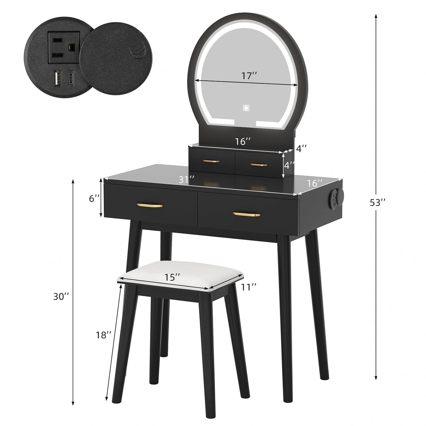 Vanity Desk with Outlet, VOWNER Makeup Vanity Table With LED Lighted Mirror, 3 Color & Brightness Adjustable, Soft Cushioned Stool, For Bedroom