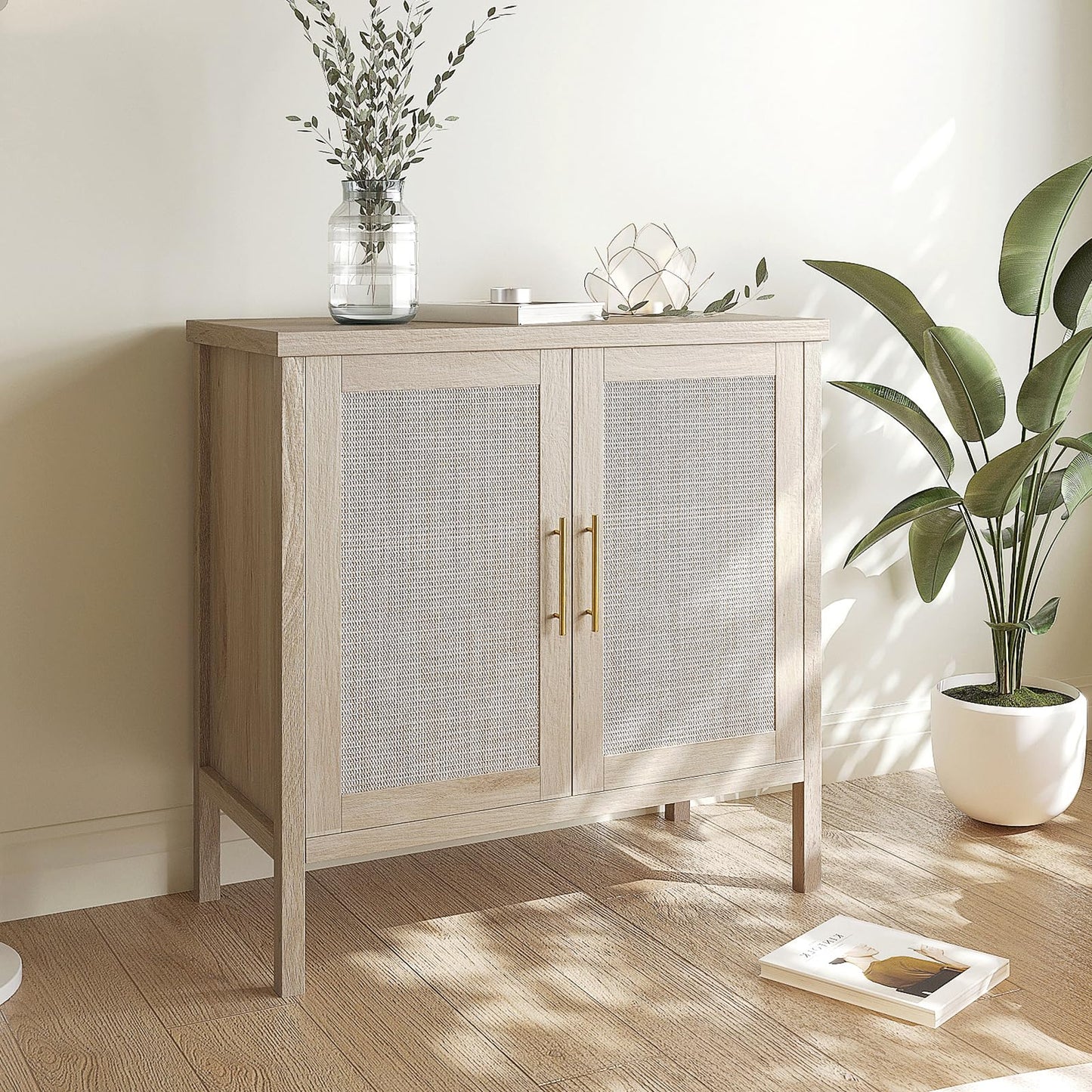 31.5" Accent Rattan Cabinet, VOWNER Storage Cabinet Sideboard WIth Rattan Doors, For Kitchen, Dining Room