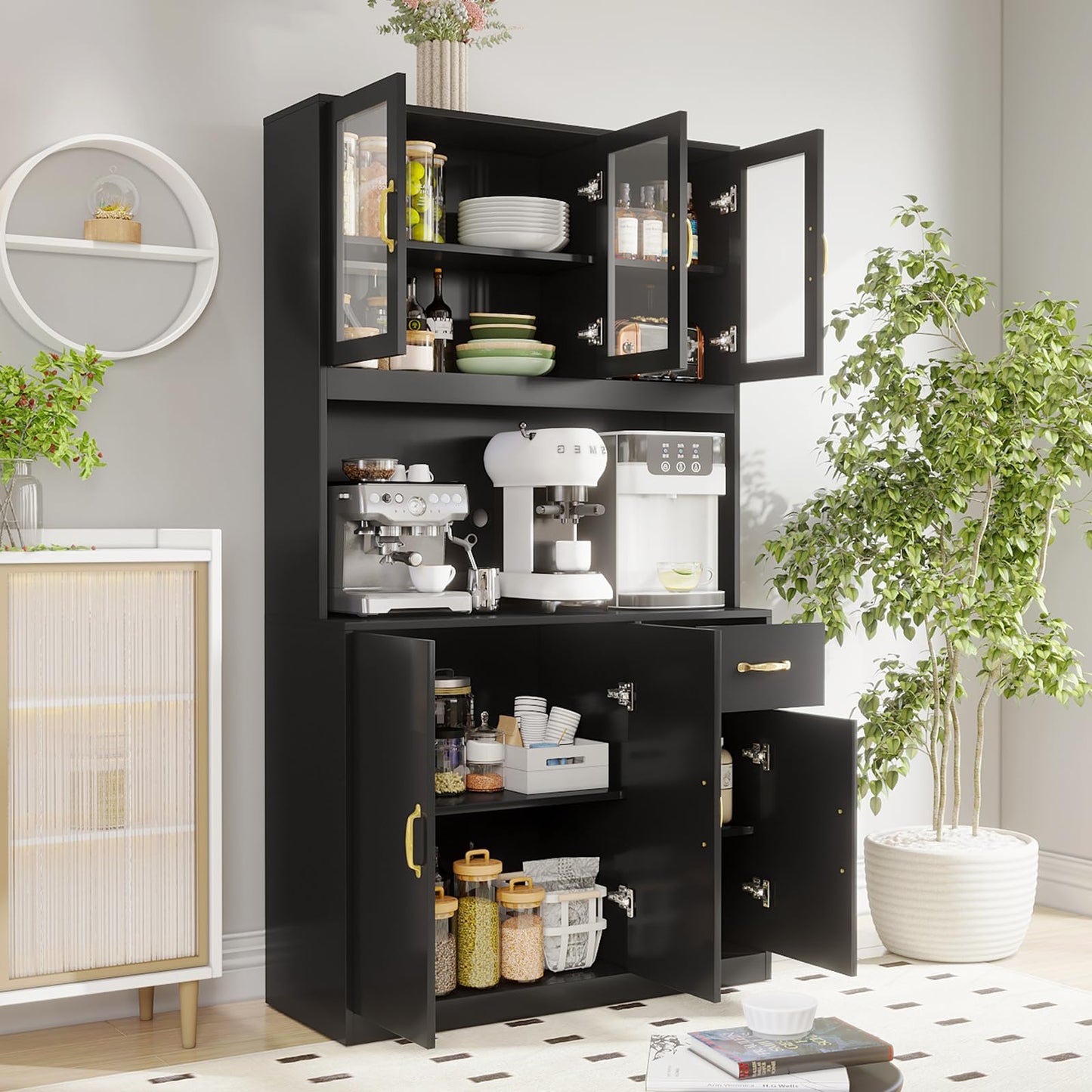 71''Kitchen Pantry Storage, VOWNER Free Kitchen Cabinet With Drawers, Cupboard And 6 Doors, For Kitchen, Living Room And Dining Room