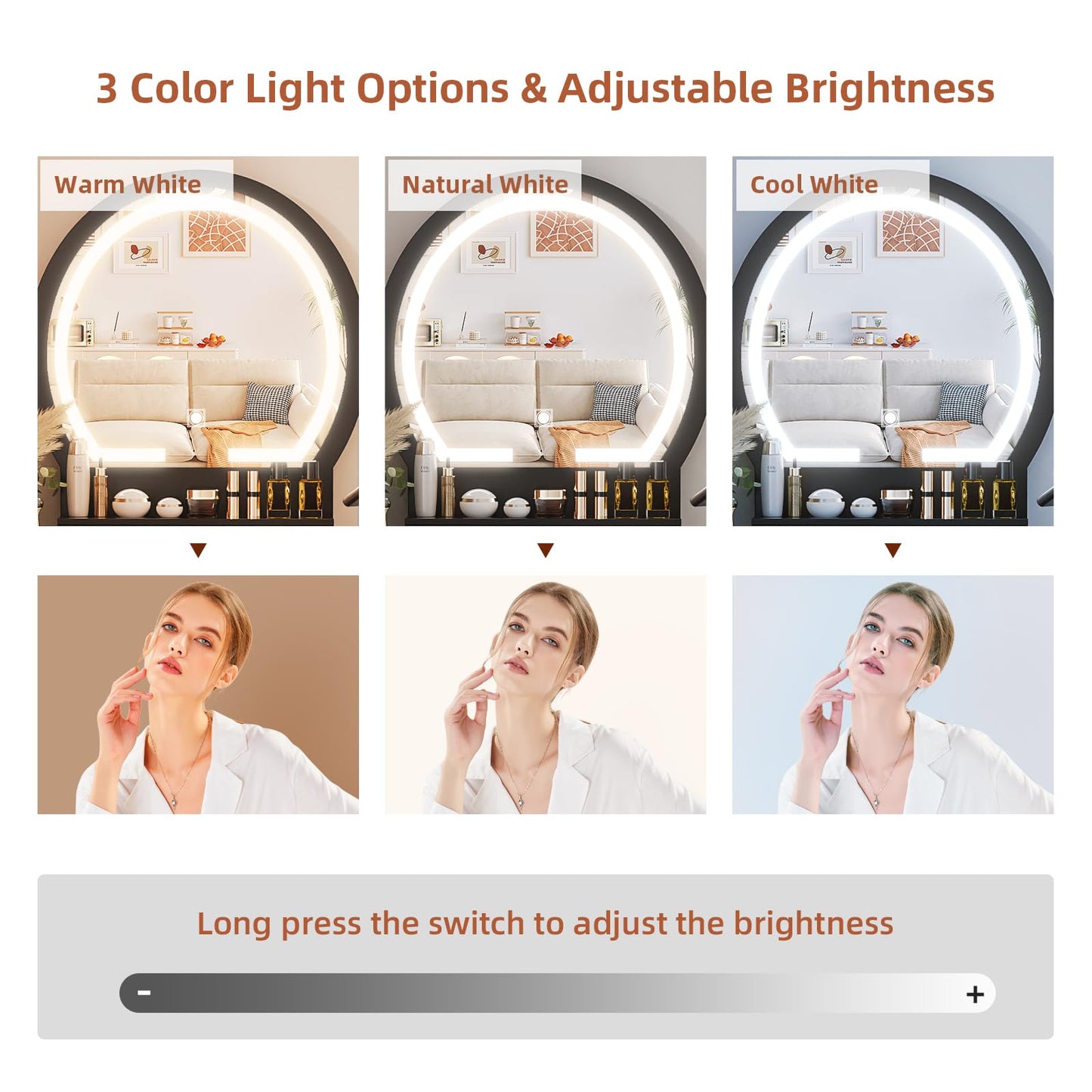 Vanity Desk with Outlet, VOWNER Makeup Vanity Table With LED Lighted Mirror, 3 Color & Brightness Adjustable, Soft Cushioned Stool, For Bedroom