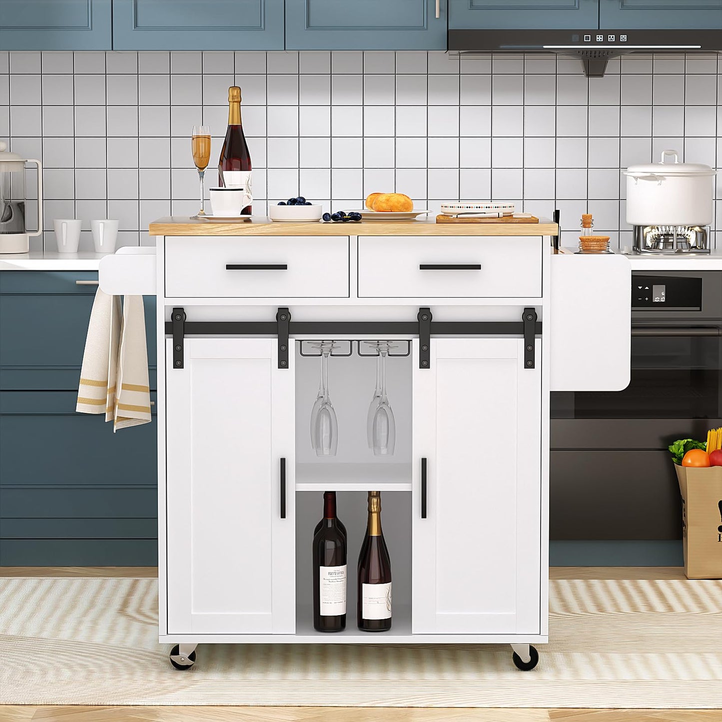 Mobile Kitchen Island Cart With Sliding Barn Door, VOWNER Rolling Mobile Kitchen With Storage Cabinet, Towel Rack, Spice Rack and Cup Holders, For Kitchen Room, Dining Room