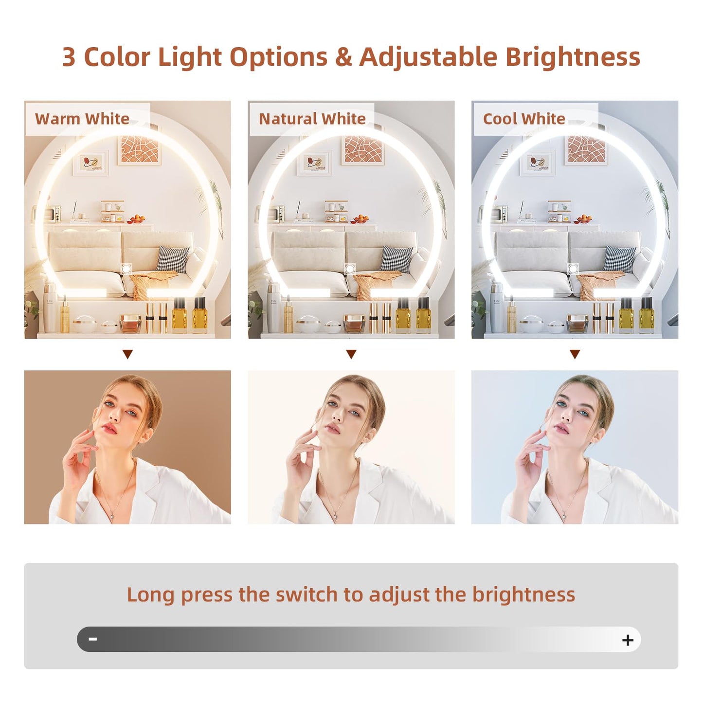 Vanity Desk with Outlet, VOWNER Makeup Vanity Table With LED Lighted Mirror, 3 Color & Brightness Adjustable, Soft Cushioned Stool, For Bedroom