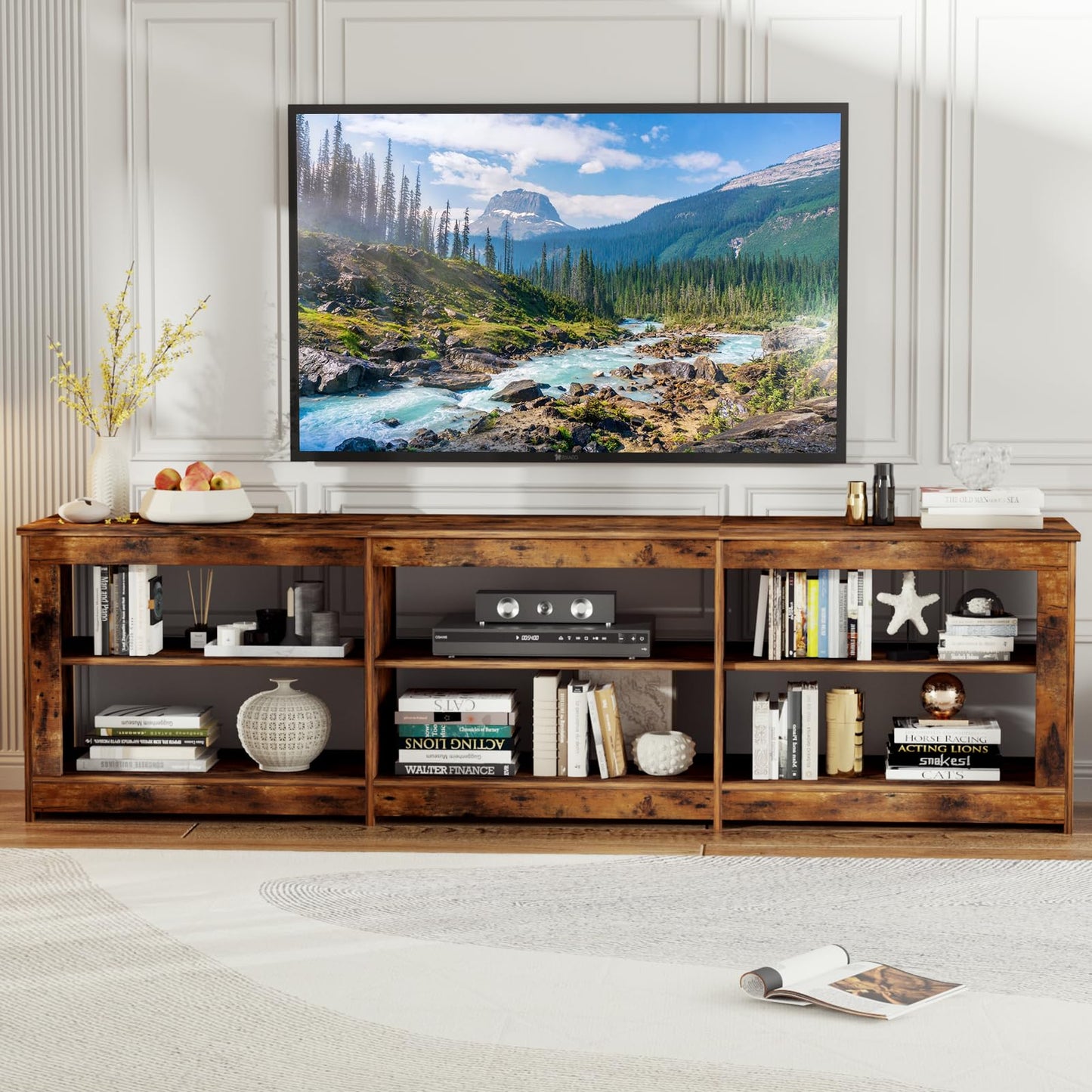 TV Stand With Outlet, VOWNER Rustic Brown TV Console Table For 75'' TV, 6 Open Shelves & Media Cabinet, For Living Room