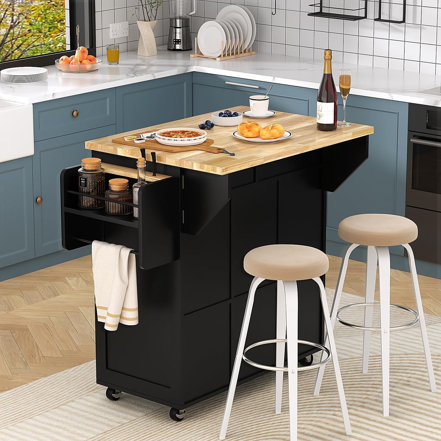 Mobile Kitchen Island Cart With Sliding Barn Door, VOWNER Rolling Mobile Kitchen With Storage Cabinet, Towel Rack, Spice Rack and Cup Holders, For Kitchen Room, Dining Room