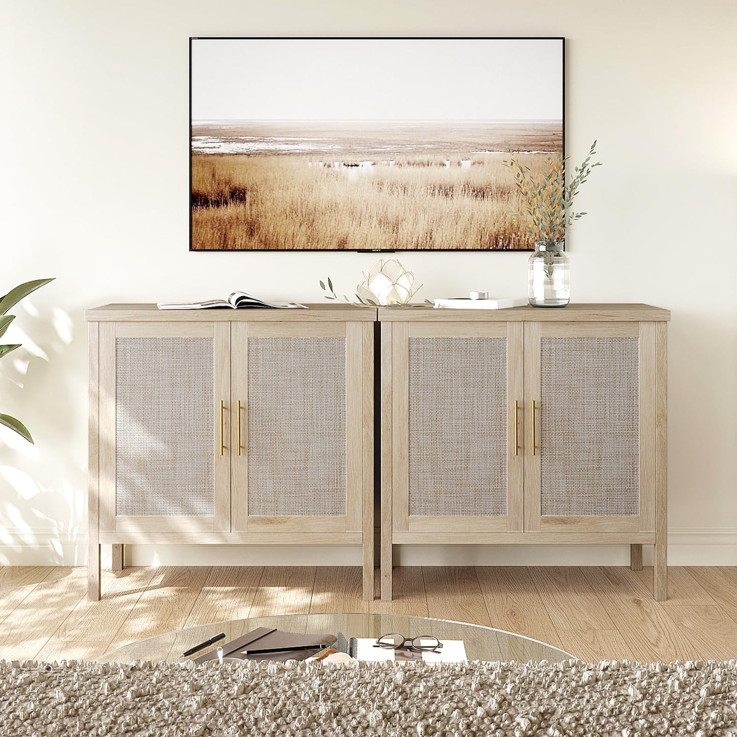31.5" Accent Rattan Cabinet, VOWNER Storage Cabinet Sideboard WIth Rattan Doors, For Kitchen, Dining Room
