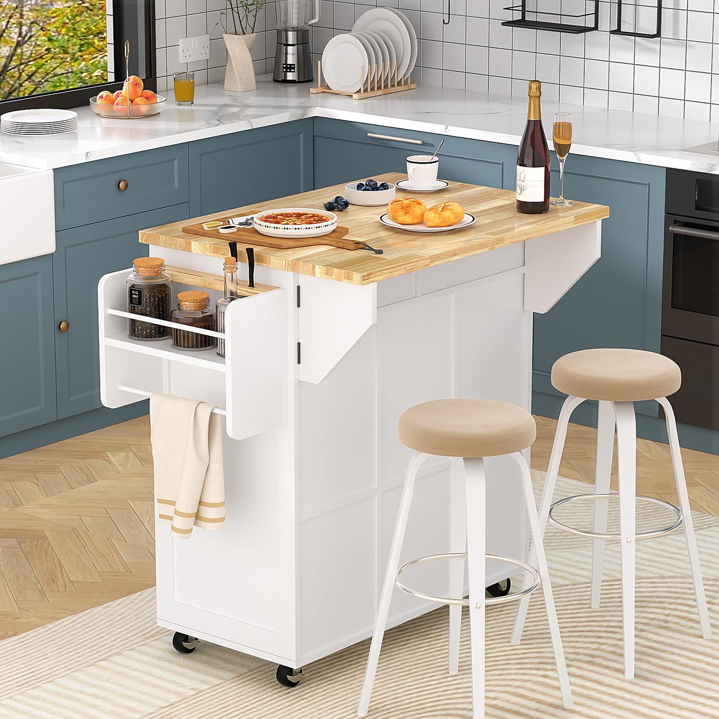 Mobile Kitchen Island Cart With Sliding Barn Door, VOWNER Rolling Mobile Kitchen With Storage Cabinet, Towel Rack, Spice Rack and Cup Holders, For Kitchen Room, Dining Room