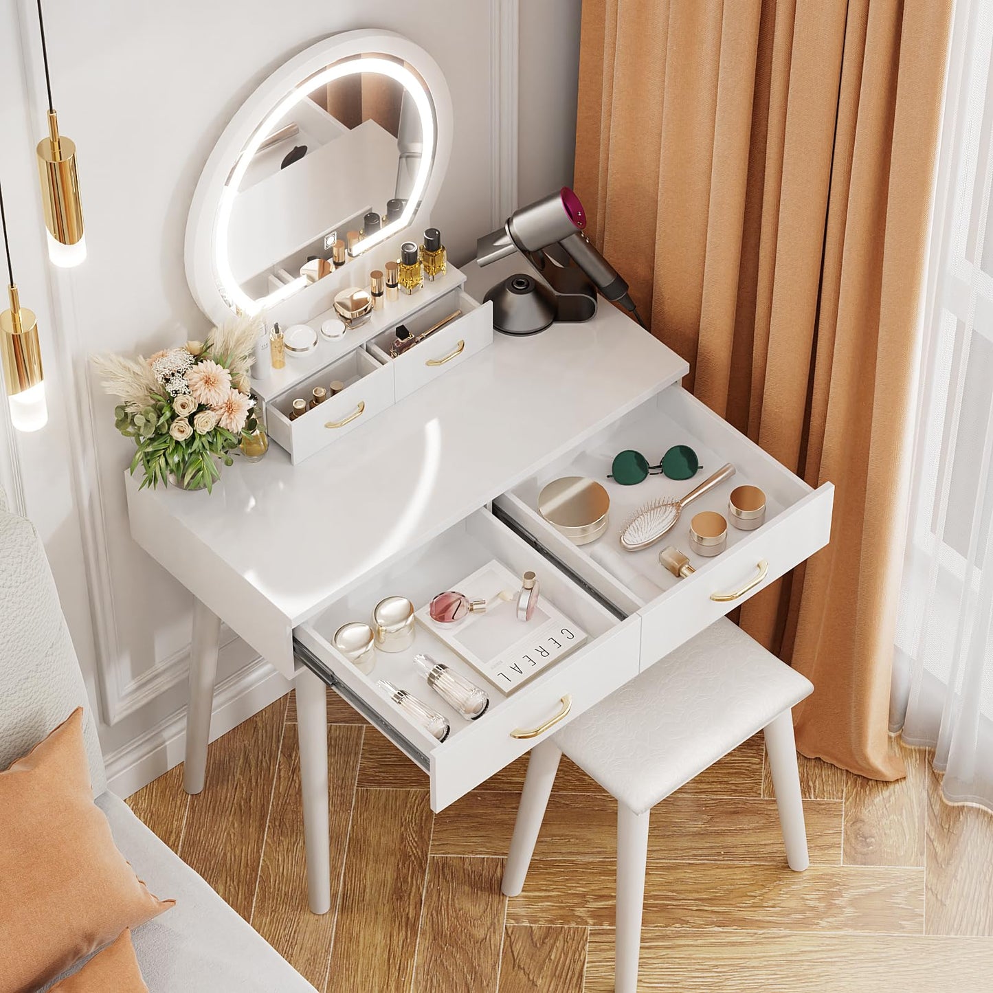 Vanity Desk with Outlet, VOWNER Makeup Vanity Table With LED Lighted Mirror, 3 Color & Brightness Adjustable, Soft Cushioned Stool, For Bedroom
