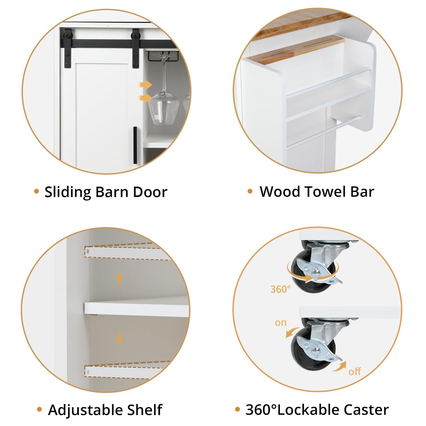 Mobile Kitchen Island Cart With Sliding Barn Door, VOWNER Rolling Mobile Kitchen With Storage Cabinet, Towel Rack, Spice Rack and Cup Holders, For Kitchen Room, Dining Room