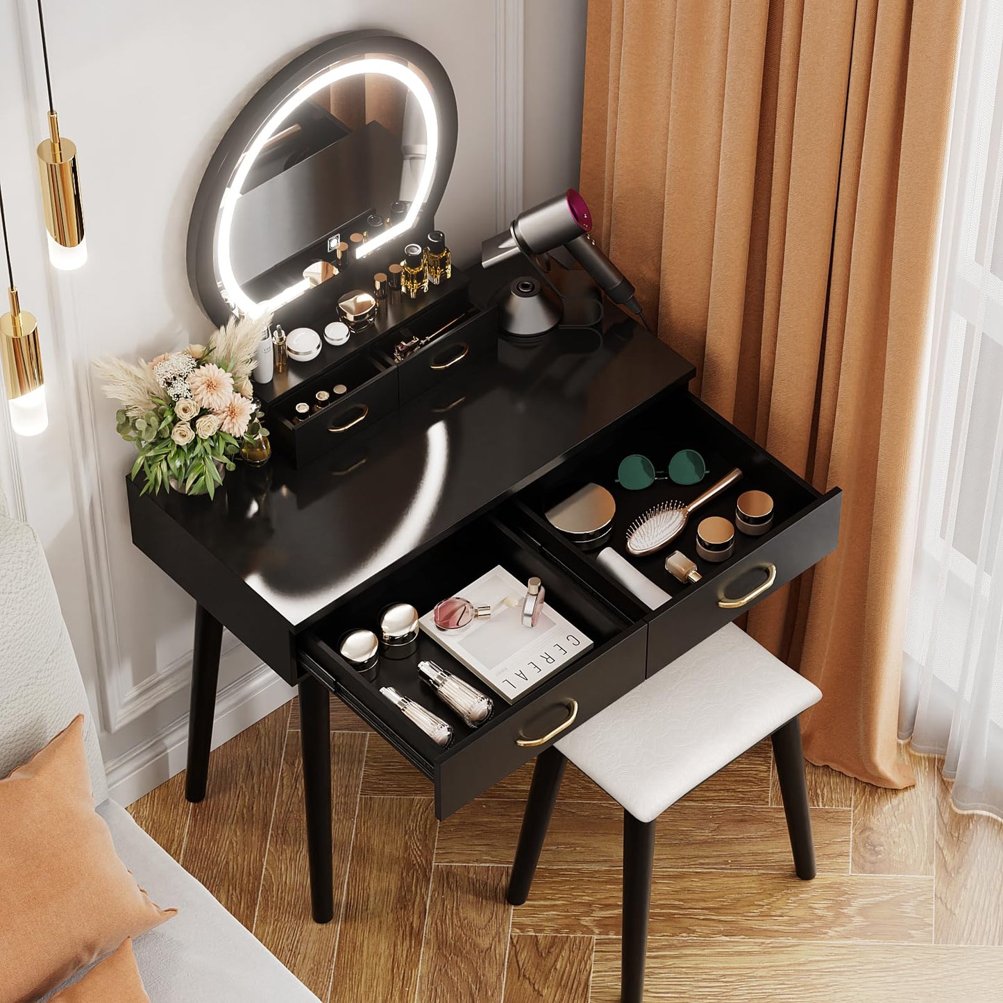 Vanity Desk with Outlet, VOWNER Makeup Vanity Table With LED Lighted Mirror, 3 Color & Brightness Adjustable, Soft Cushioned Stool, For Bedroom