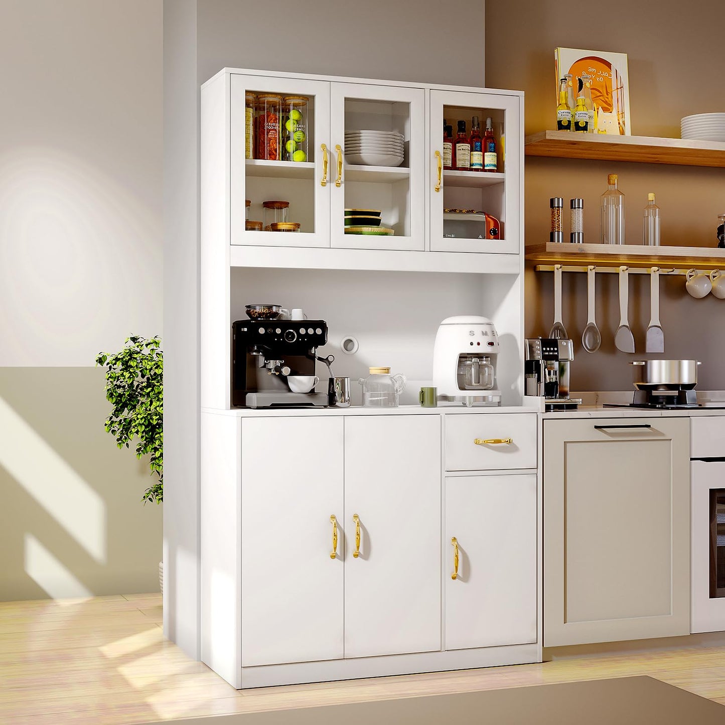 71''Kitchen Pantry Storage, VOWNER Free Kitchen Cabinet With Drawers, Cupboard And 6 Doors, For Kitchen, Living Room And Dining Room