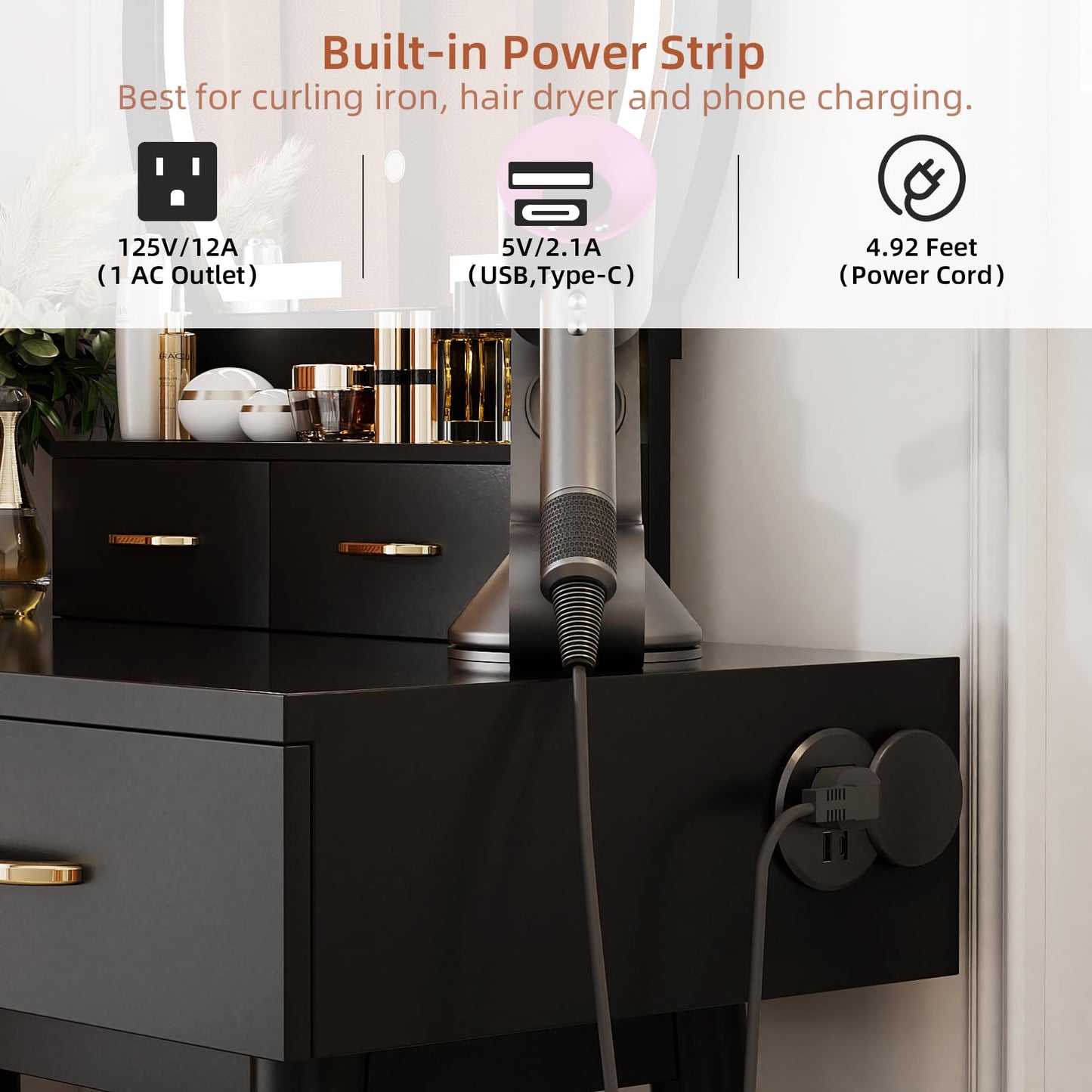 Vanity Desk with Outlet, VOWNER Makeup Vanity Table With LED Lighted Mirror, 3 Color & Brightness Adjustable, Soft Cushioned Stool, For Bedroom